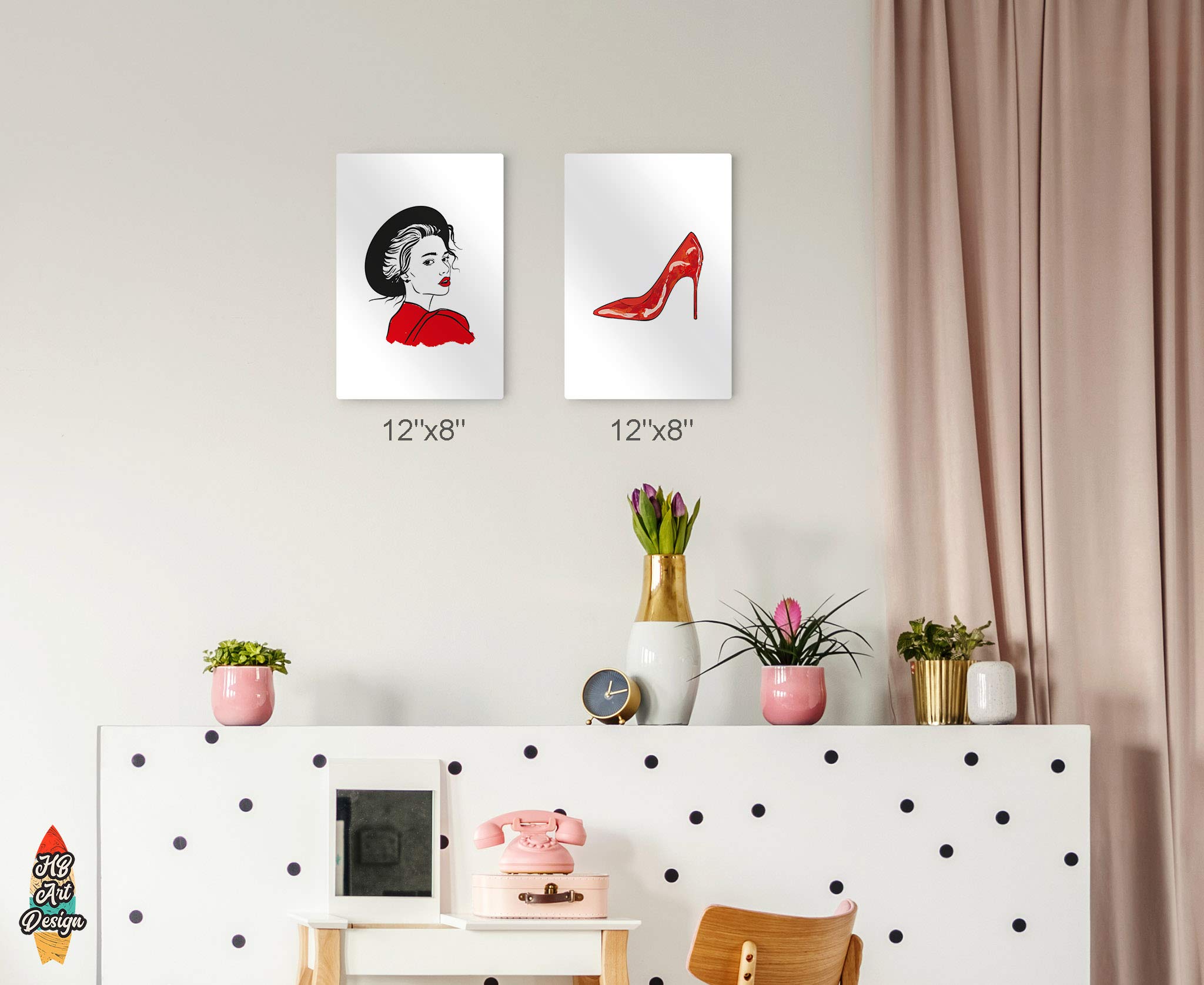 HB Art Design Woman in Red Dress & Stiletto Heels Fashion 2-Panel Metal Wall Art Print Set - Glamorous Home Decor for Office, Dorm, Bathroom, Living Room & Bedroom - Ready to Hang (24x16 Inches, Set of 2)