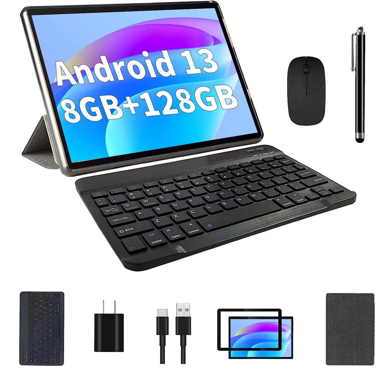 COLORROOM 2023 New 10-inch 2-in-1 Android 13 Tablet with Keyboard - 8GB RAM 128GB Storage, Touch Screen, Quad Core Processor, Dual Camera, 5G WiFi6, Bluetooth - Includes Case, Mouse & Stylus - Perfect for Work, Study & Entertainment with Netflix YouTube Streaming