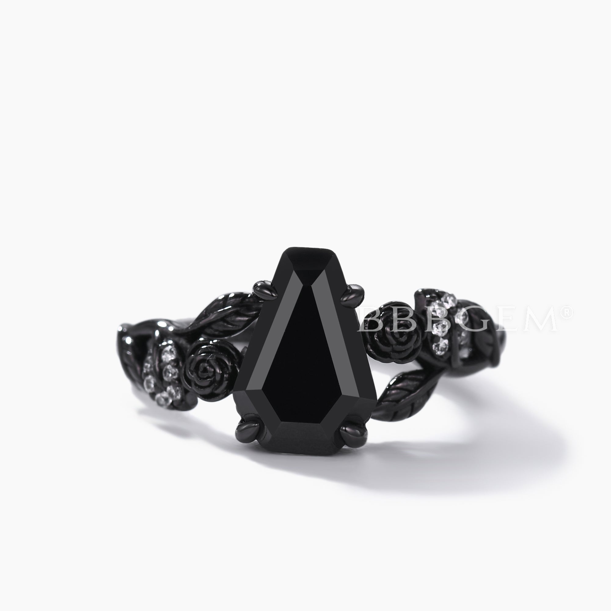 Black Onyx Coffin Gothic Engagement Ring - Unique Black Gold Flower Design for Women | Nature Inspired Alternative Wedding Band, Gothic Jewelry for Dark Romance & Vampire Themed Weddings