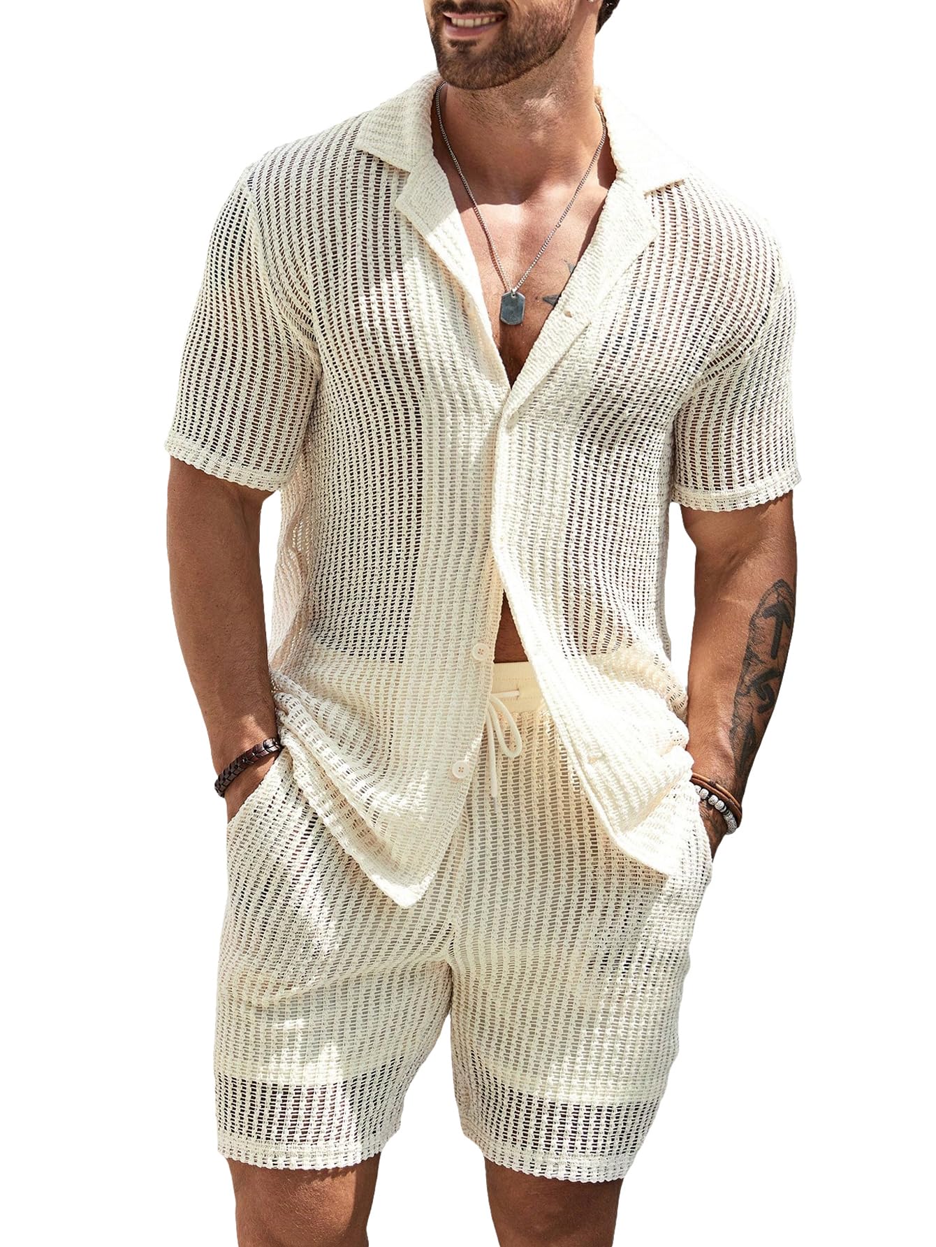 Verdusa Men's 2-Piece Summer Outfit - Breathable Hollow Out Knit Button-Up Shirt & Comfortable Knit Shorts Set | Casual Beach Wear & Vacation Outfit