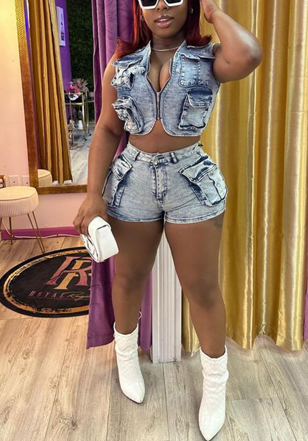 LAJIOJIO Women's 2-Piece Cargo Denim Set - Sexy Stretchy Vest & High Waisted Jean Shorts Outfit with Pockets | Casual Summer Outfit, Streetwear Fashion, Beach Party