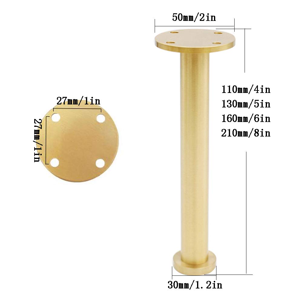 Modern Adjustable TV Cabinet Legs Set of 4 - Brass Straight Column Furniture Legs for Dining Table, Sofa, Cabinet & Coffee Table (4/5/6/8 Inch Height Options, Gold Finish) - Perfect for Home Office, Living Room & Bedroom Furniture Upgrade