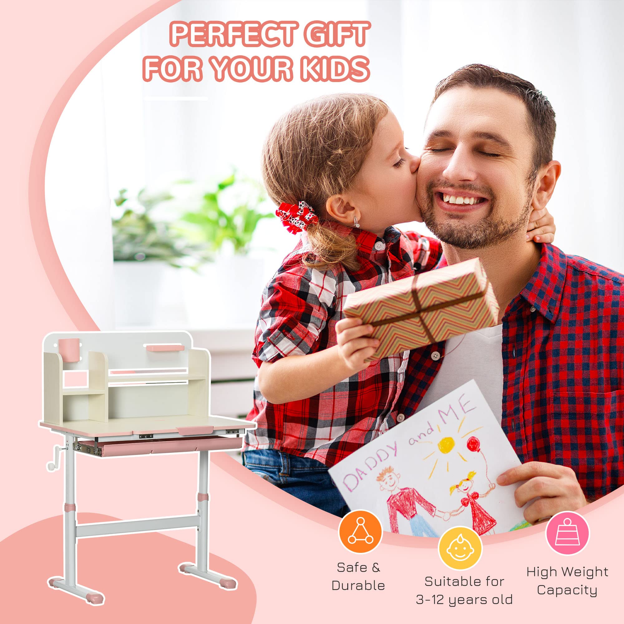Qaba Adjustable Height Wooden Kids Study Desk - Children's School Writing Table with Tilt Desktop, Drawer, Storage Shelf & Pen Holder - Perfect for Homeschooling, Online Learning & Bedroom Study (Pink)