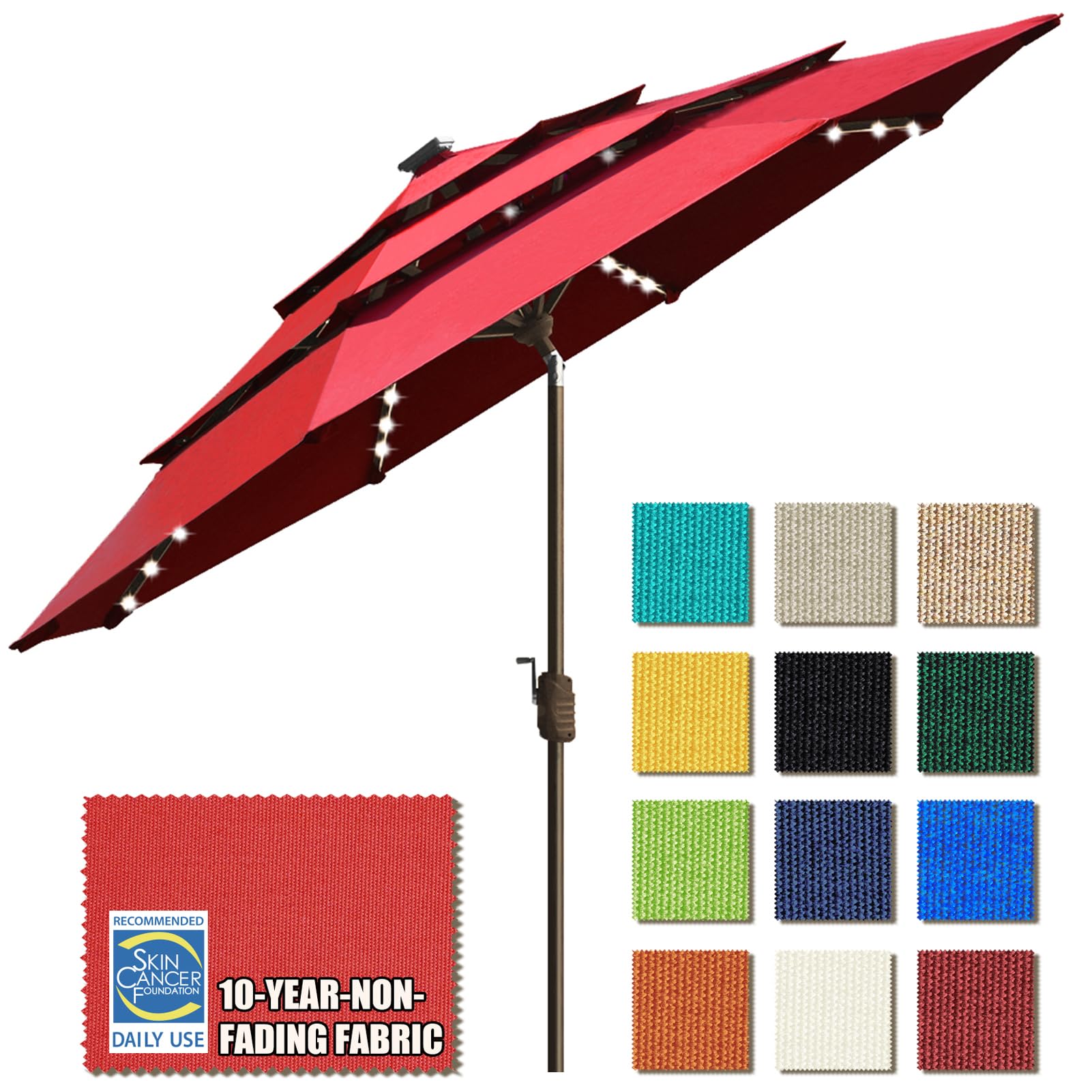 EliteShade 9ft 3-Tier Solar LED Patio Umbrella with 80 Lights - 10-Year Fade-Resistant, Ventilated Outdoor Market Umbrella (Logo Red) - Perfect for Backyard, Poolside, Restaurant & Outdoor Dining Areas