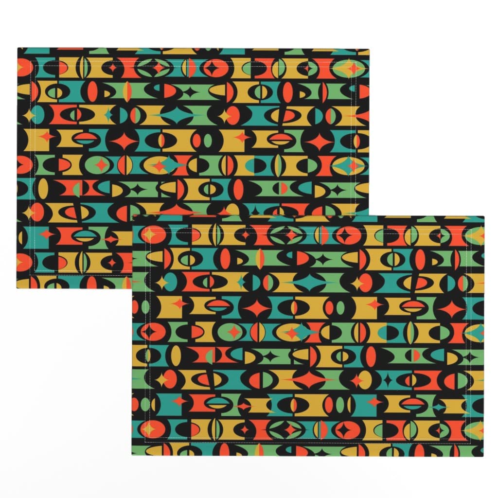 Spoonflower Linen Cotton Canvas Placemats Set of 2 - Galactic Black Retro Modern Circus Mid Century Print Table Mats for Dining Room Decor & Kitchen Table Setting