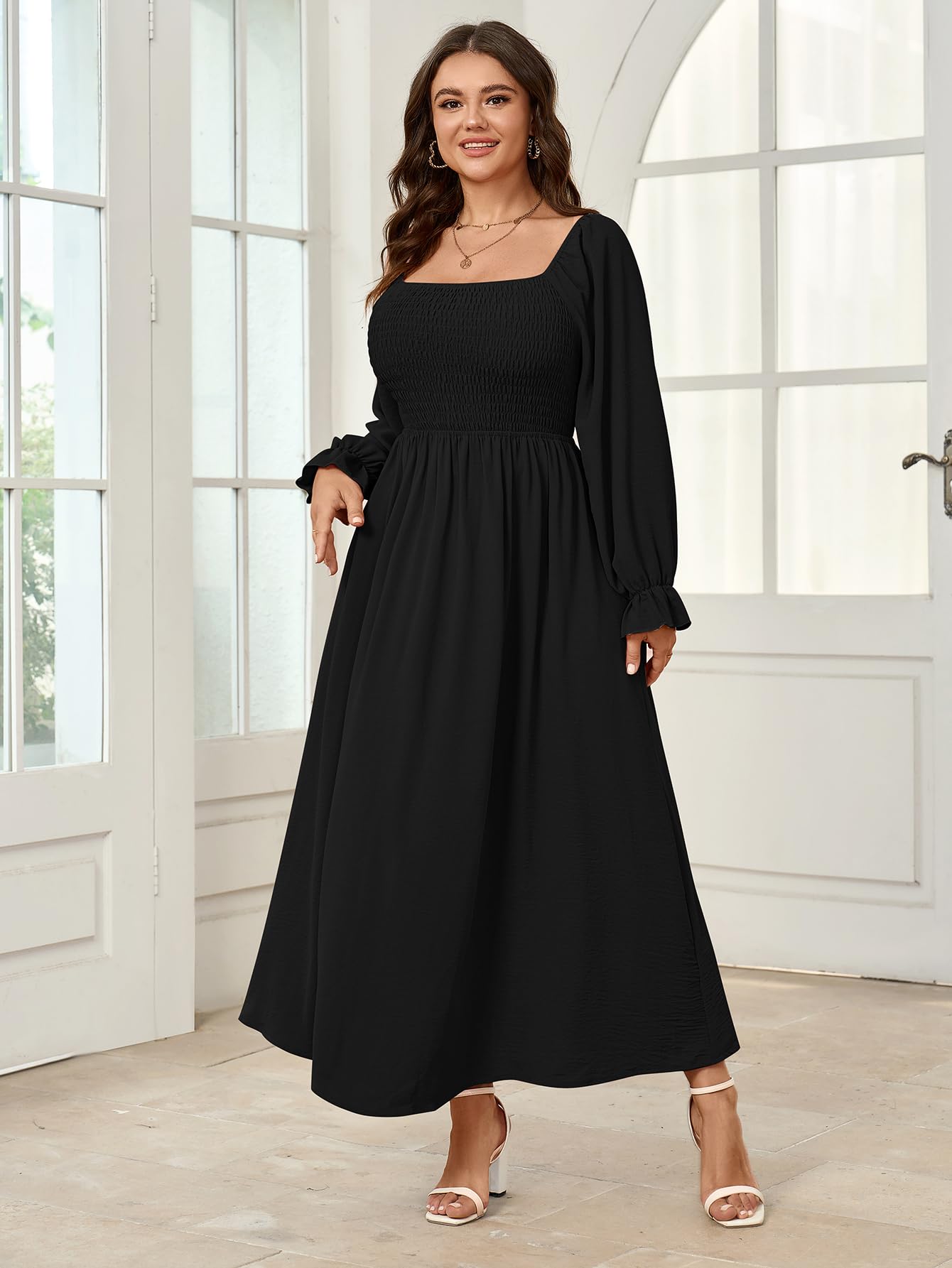 Plus Size Maxi Dress for Women - Long Sleeve Square Neck Smocked Flowy A-Line Boho Dress for Wedding, Party & Special Occasions | Elegant & Comfortable Maternity-Friendly Design