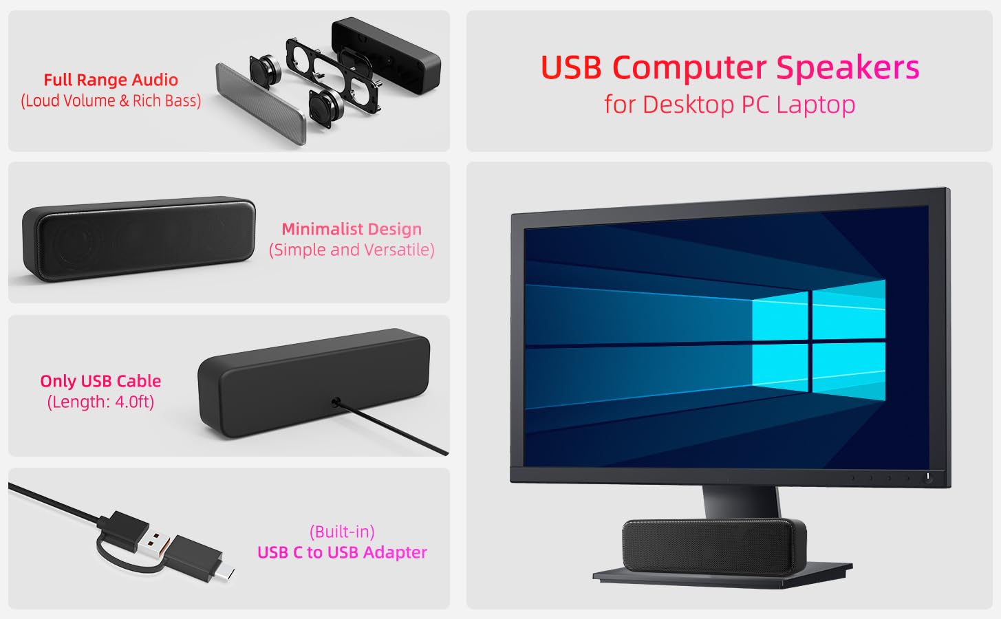 High-Quality Computer Speakers for Desktop PC & Laptop, Mini USB Soundbar with Loud Sound & Deep Bass, Wired USB Plug-in, Wide Compatibility, Built-in USB-C to USB Adapter – Perfect for Gaming, Movies, and Music