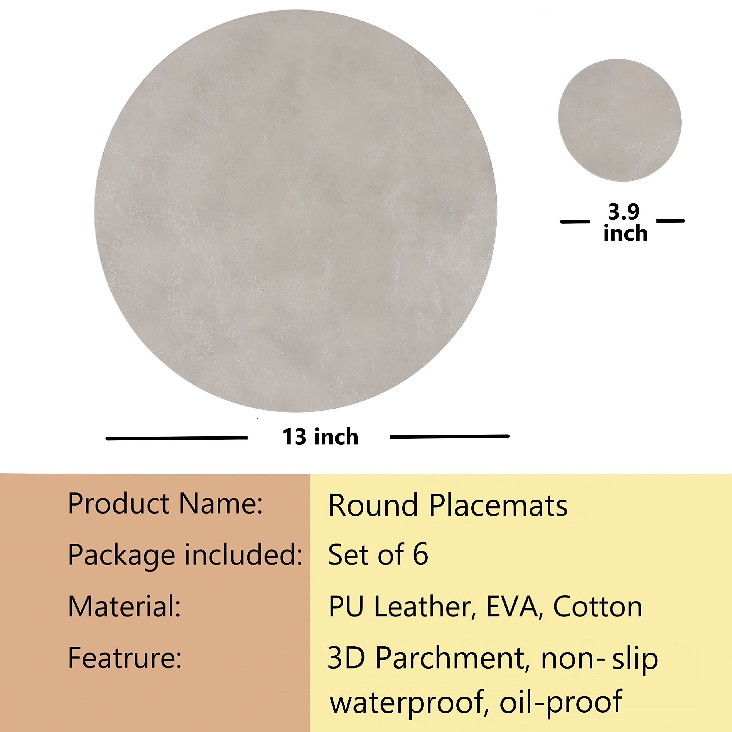 Set of 6 Waterproof Faux Leather Round Placemats & Coasters - Easy Clean Kitchen Table Mats for Dining Room, Coffee Bar, and Home Decor | Perfect for Everyday Use and Entertaining