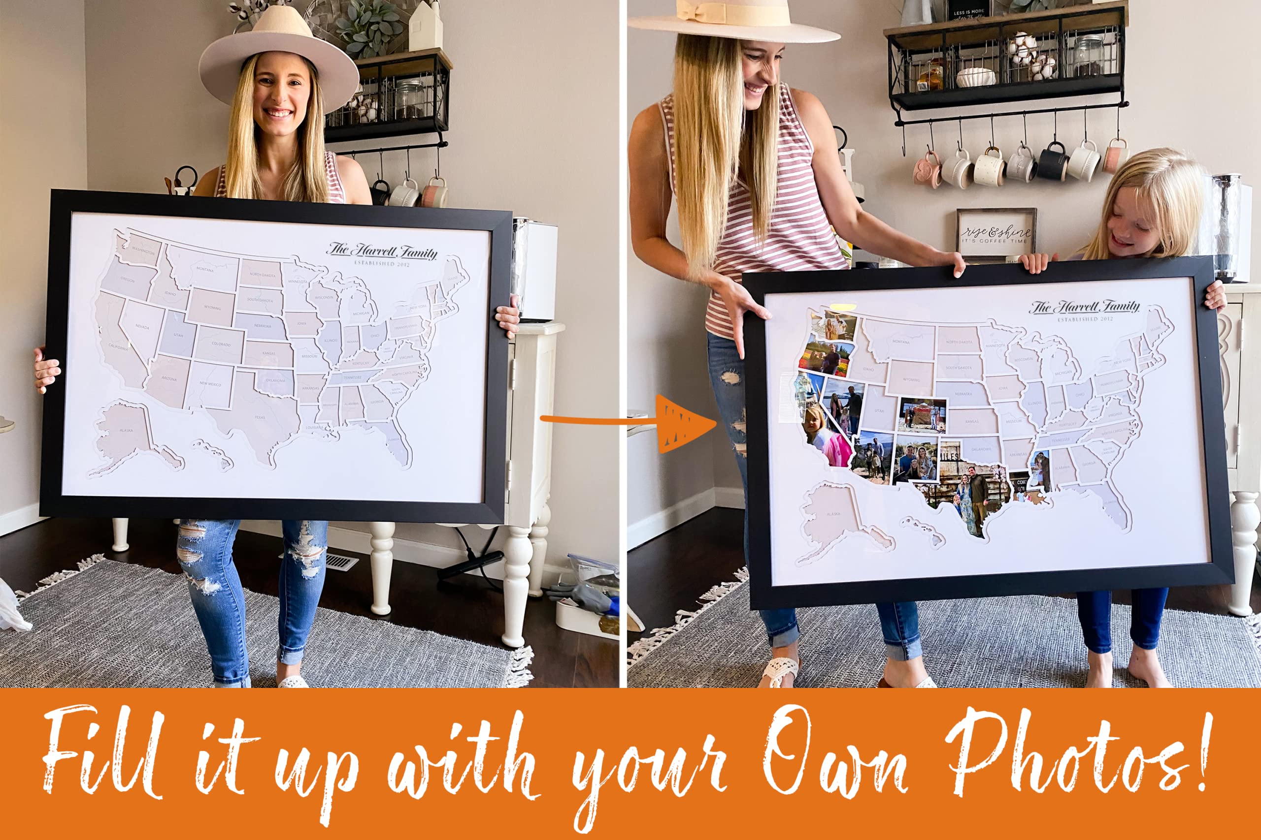 Personalized 50 States USA Photo Map - Custom American Made Wall Art - Printed Map with Optional Grey Frame - Perfect for Home Decor, Office Gifts & Travel Memories