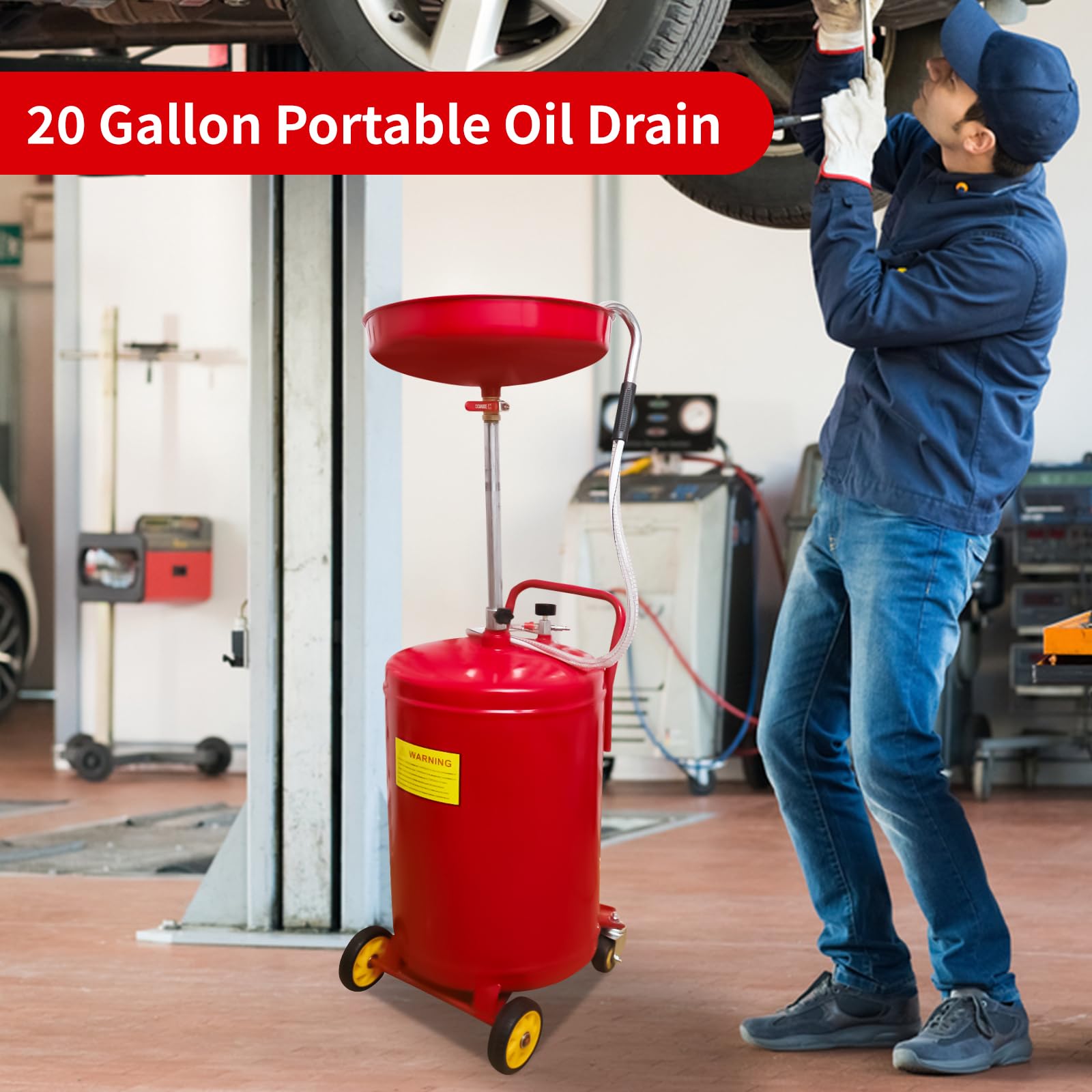 20 Gallon Portable Oil Drain Container - Heavy Duty Waste Oil Drain Tank with Wheels for Easy Transport | Air Operated Drainer for Quick Oil Changes | Adjustable Height Fluid Disposal System | Ideal for Auto Shops, DIY Mechanics & Fleet Maintenance