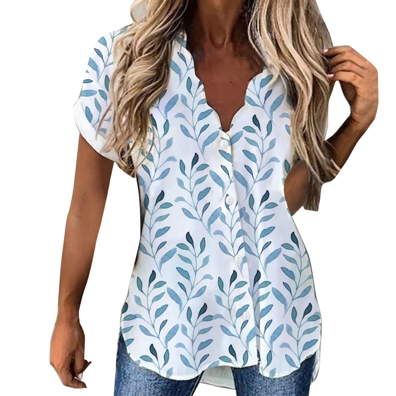 Women's Floral Draped Short Sleeve Blouse - Open Front Cardigan with Ruffles Hem & Button Closure - Summer Casual Tops for Work, Date Night & Outdoor Activities