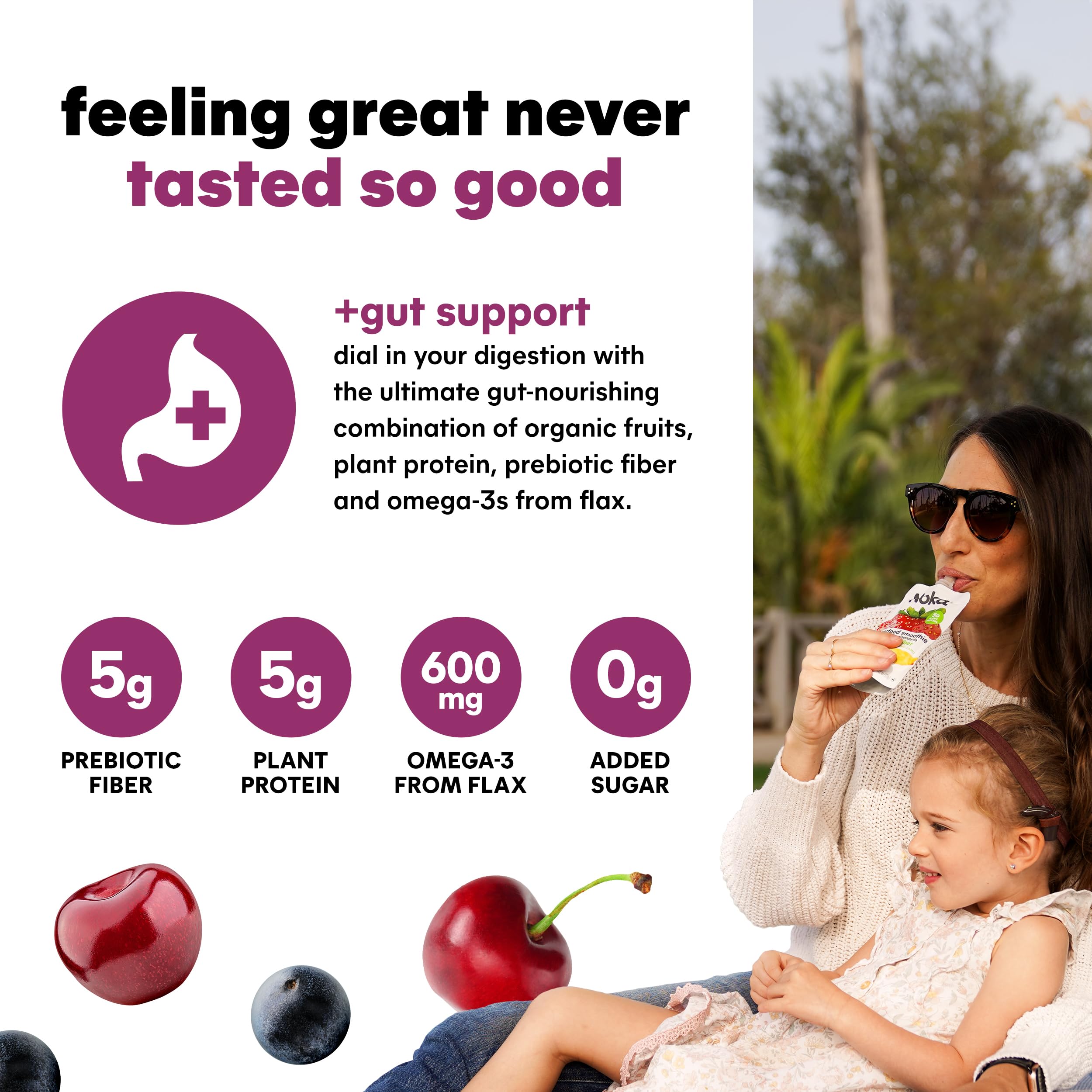 Organic Noka Superfood Fruit Smoothie Pouches - Cherry Acai Flavor with Flax Seed, Plant Protein & Prebiotic Fiber | Vegan, Gluten Free Healthy Snacks | 4.22 oz Squeeze Pouch (12 Pack) | Perfect for On-the-Go Breakfast, Post-Workout Recovery & Kids Lunch Boxes