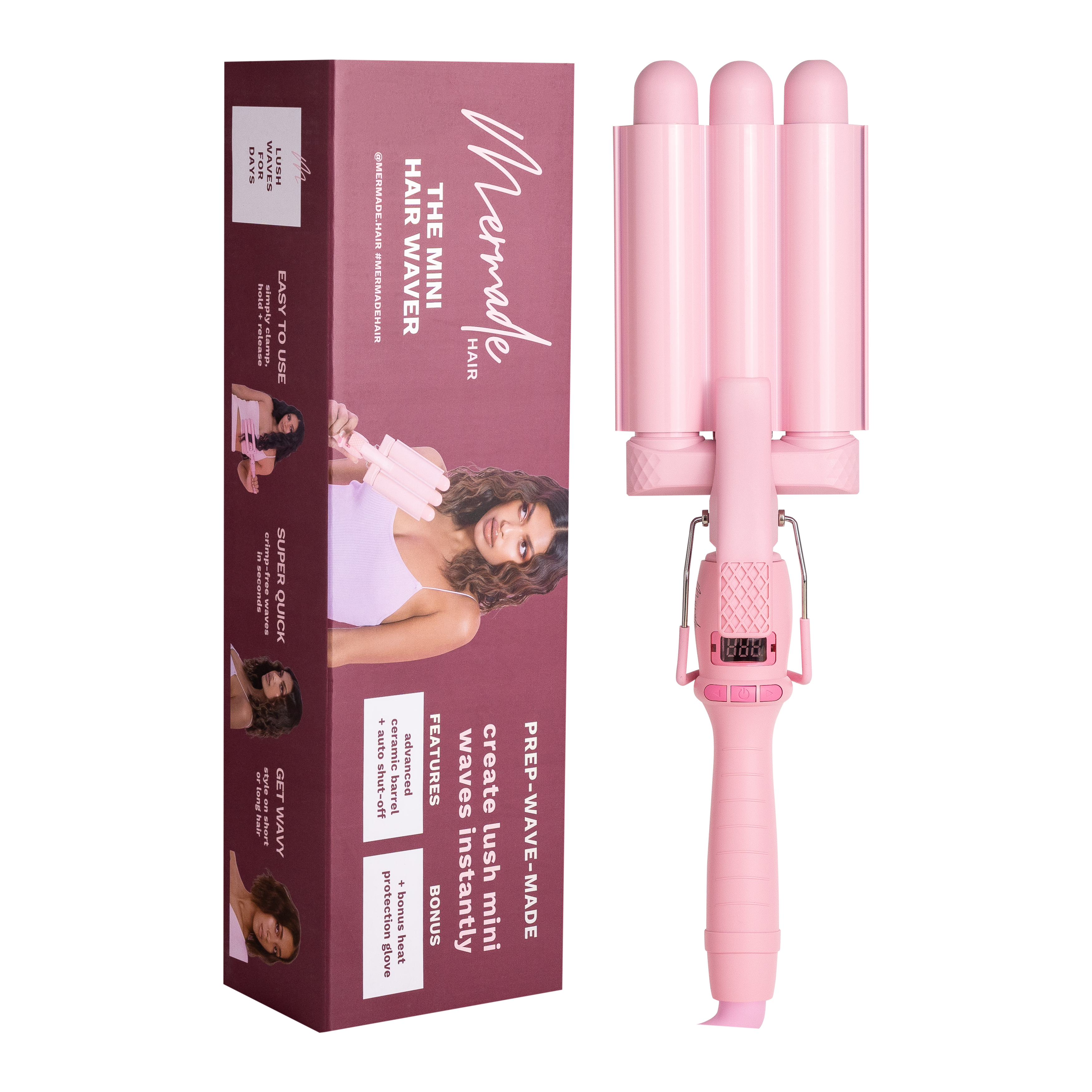 Mermade Hair PRO Mini Pink Hair Waver 25mm - Professional Hair Curling Iron for Beach Waves & Vintage Styles - Perfect for Parties, Weddings & Everyday Glam