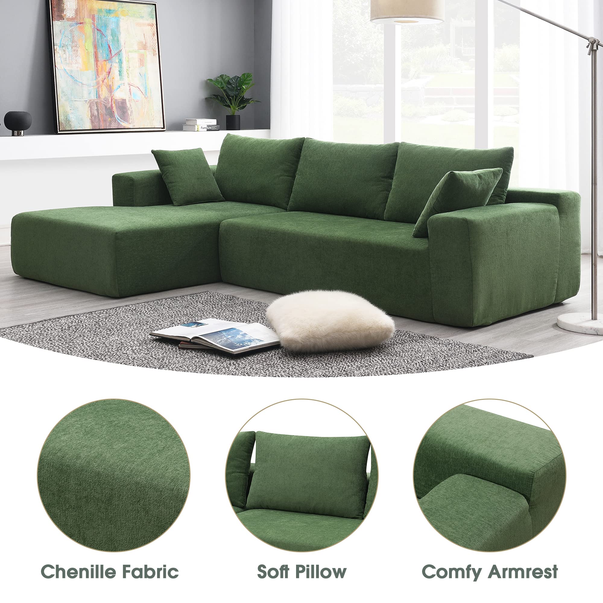 Bellemave Modular Sectional Sofa Set - L-Shaped Sleeper Sofa with 2 Throw Pillows, Modern Upholstered Convertible Couch, Minimalist Living Room Furniture for Small Spaces (Green) | Perfect for Apartments, Lofts & Cozy Home Decor