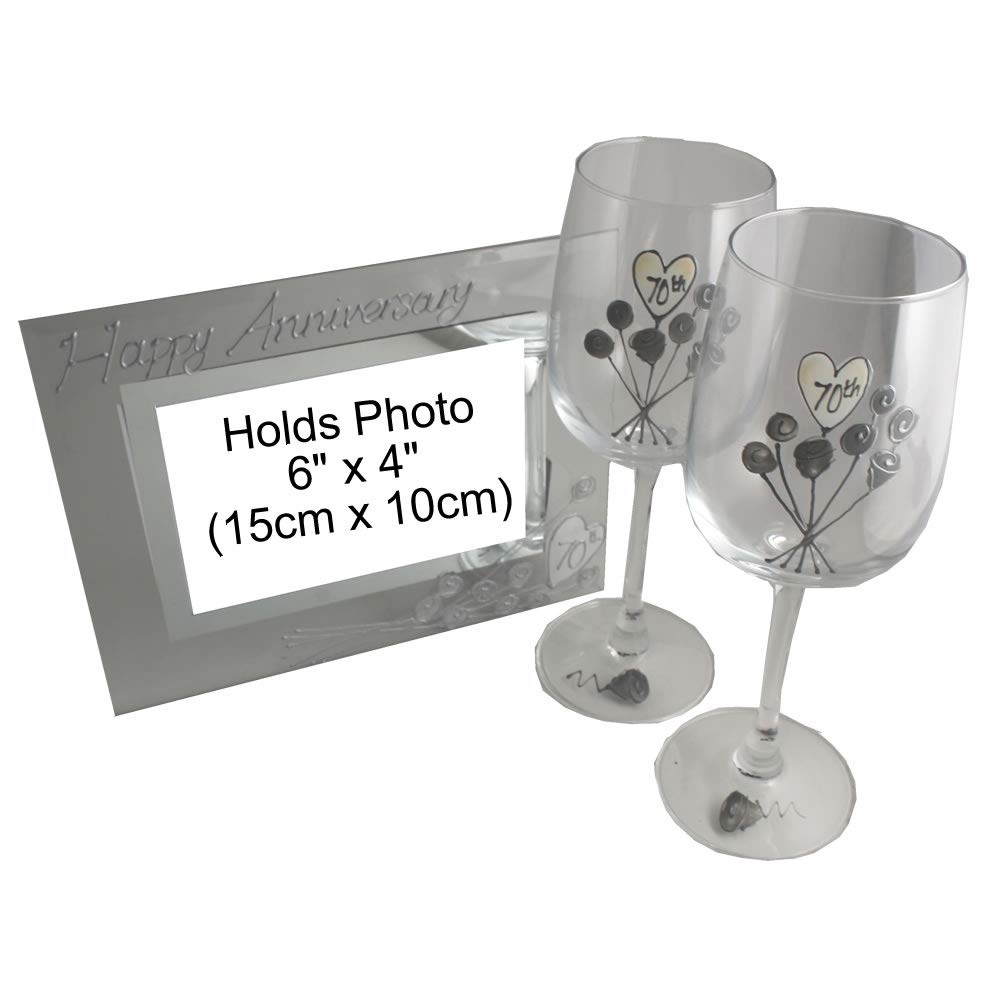 Dreamair 70th Platinum Wedding Anniversary Gift Set - Elegant Wine Glasses & Photo Frame for Couples - Perfect for Anniversaries, Romantic Dinners & Special Celebrations