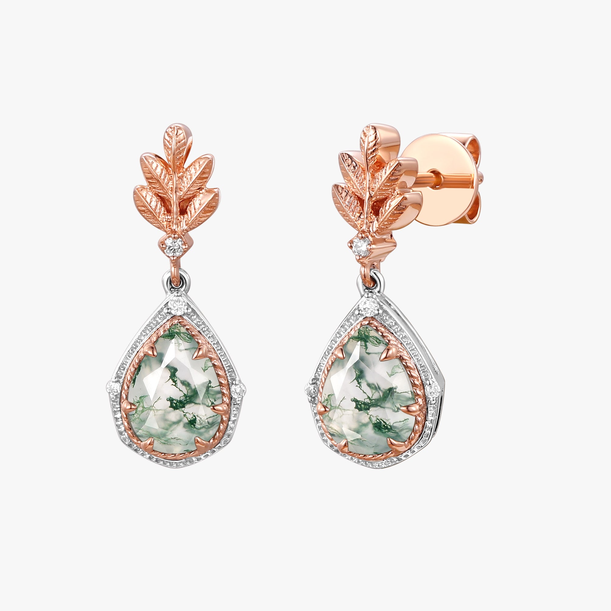 Natural Pear Moss Agate & Moissanite Leaf Earrings for Women - Dainty Bohemian Jewelry for Everyday Wear & Special Occasions
