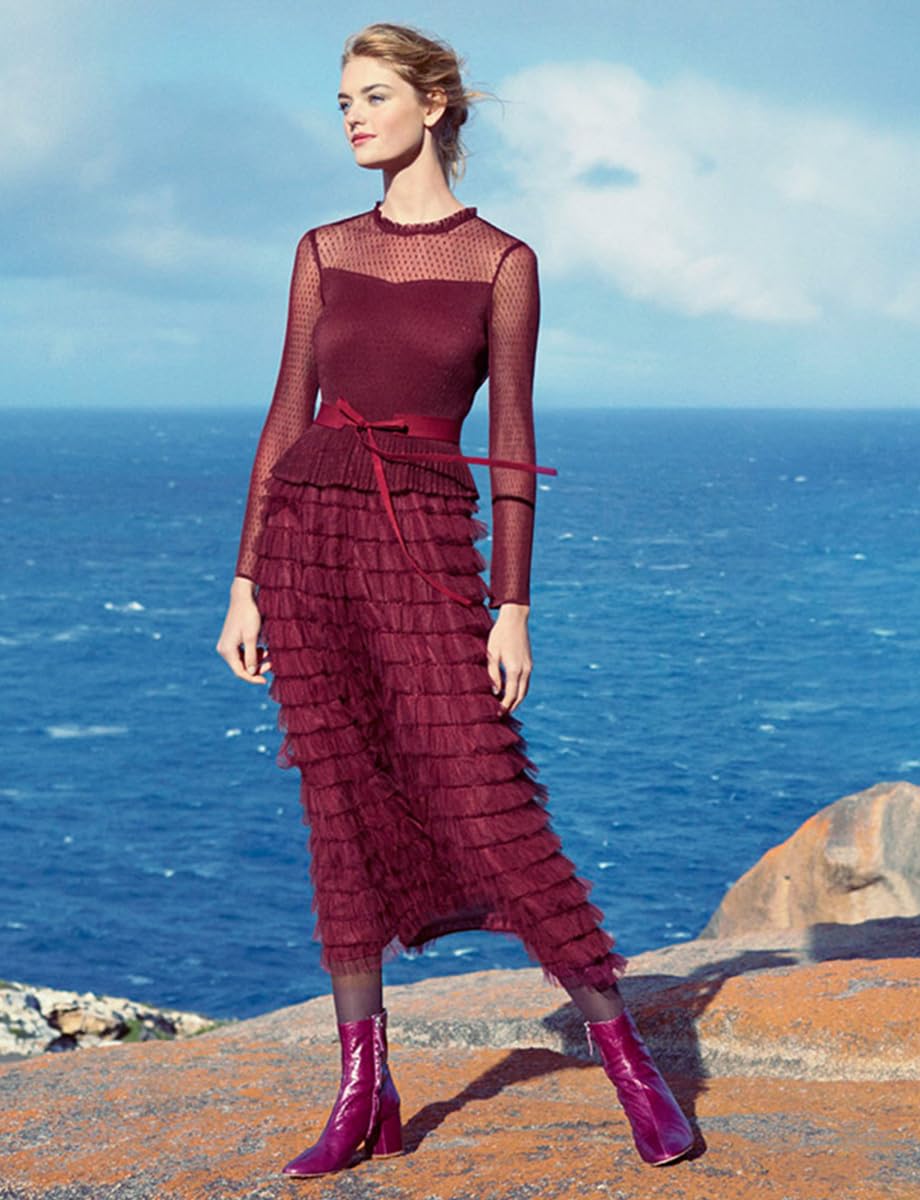 Elegant Women's Long Sleeve Mesh Layered Chiffon Midi Dress for Wedding Guest, Cocktail, Prom & Evening Party - Perfect for Formal Events, Date Nights & Special Occasions