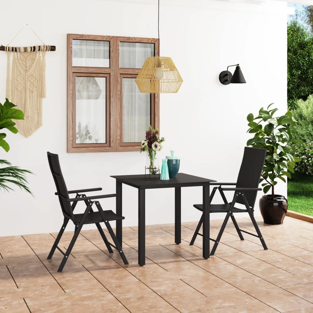 SKM 3-Piece Patio Dining Set - Black Outdoor Wicker Dining Table & Chairs for Backyard, Garden, and Poolside Relaxation