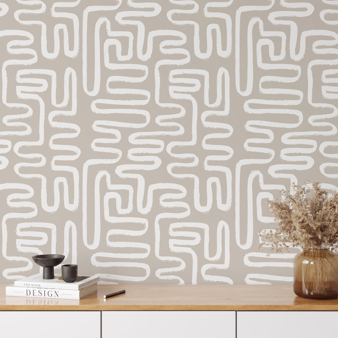 Beige White Boho Line Wallpaper W013 - Self-Adhesive Peel and Stick Wallpaper for Bedroom, Living Room, Nursery & Home Decor