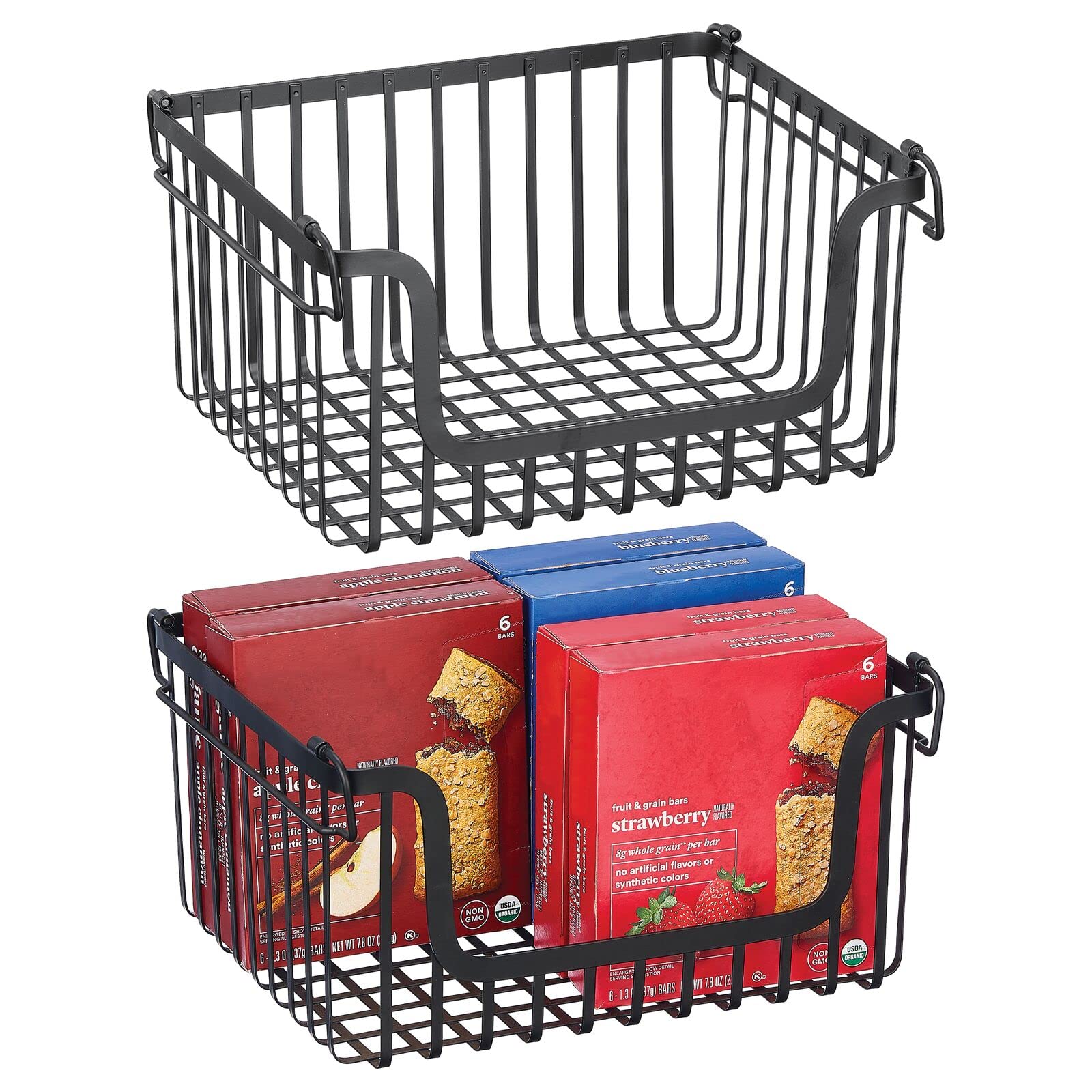 mDesign Large Stacking Wire Baskets - 2 Pack Matte Black Metal Storage Bins for Kitchen Cabinet & Pantry Organization | Perfect for Fruits, Vegetables, Snacks | Space-Saving Open Front Design | Carson Collection | Ideal for Home, Office, Dorm Room Storage Solutions