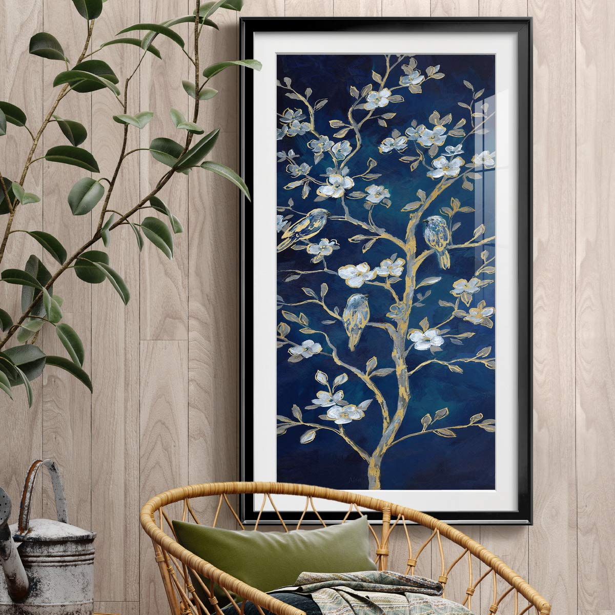 Floral Wall Art Framed - Classic Geometric Abstract Cape Cod Style Country Chic Décor - Ready to Hang Indigo Spring I Black Frame 12x24 - Perfect for Living Room, Bedroom & Office Wall Decoration