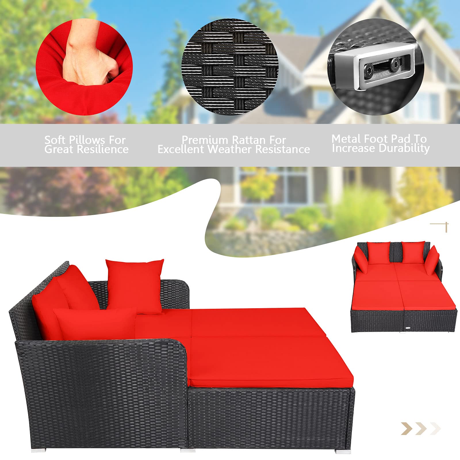 Outdoor Rattan Daybed Patio Loveseat Sofa Set with Padded Cushions & Sturdy Aluminum Frame - Wicker Patio Furniture for Garden, Porch, Poolside - Perfect for Relaxing, Sunbathing & Outdoor Entertaining