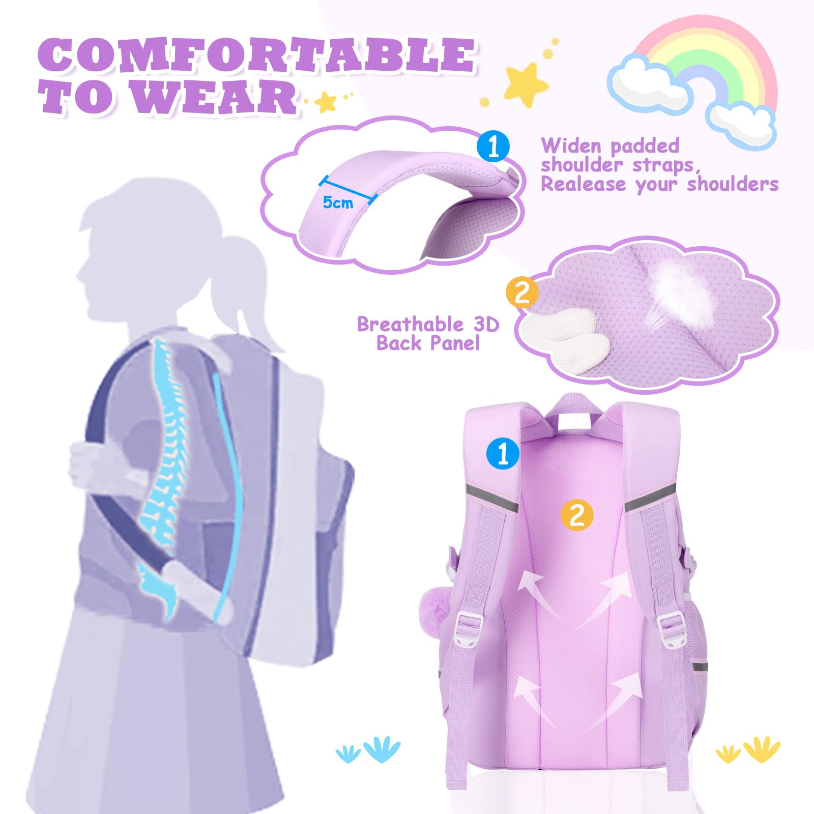 Cute Kawaii Girls Backpack for School - Fashionable Teen Bookbag with Multiple Pockets for Elementary, Middle & High School Students (Purple) - Perfect for Daily Use, Travel & School Supplies Organization