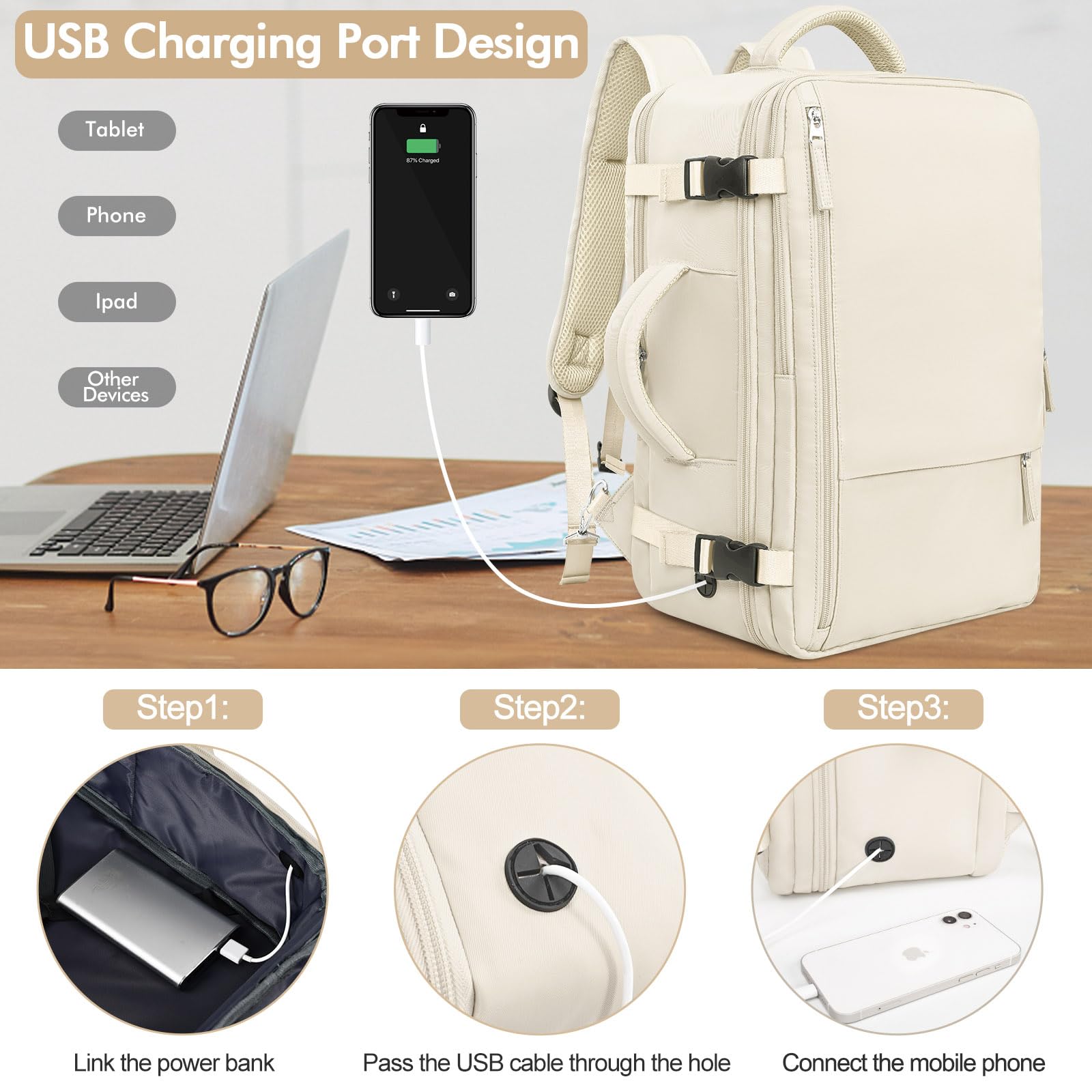 Airline Approved Carry-On Travel Backpack for Men & Women - Large Gym & Work Backpack Bag, Beige | Perfect for Business Trips, Gym, Hiking & Daily Commute