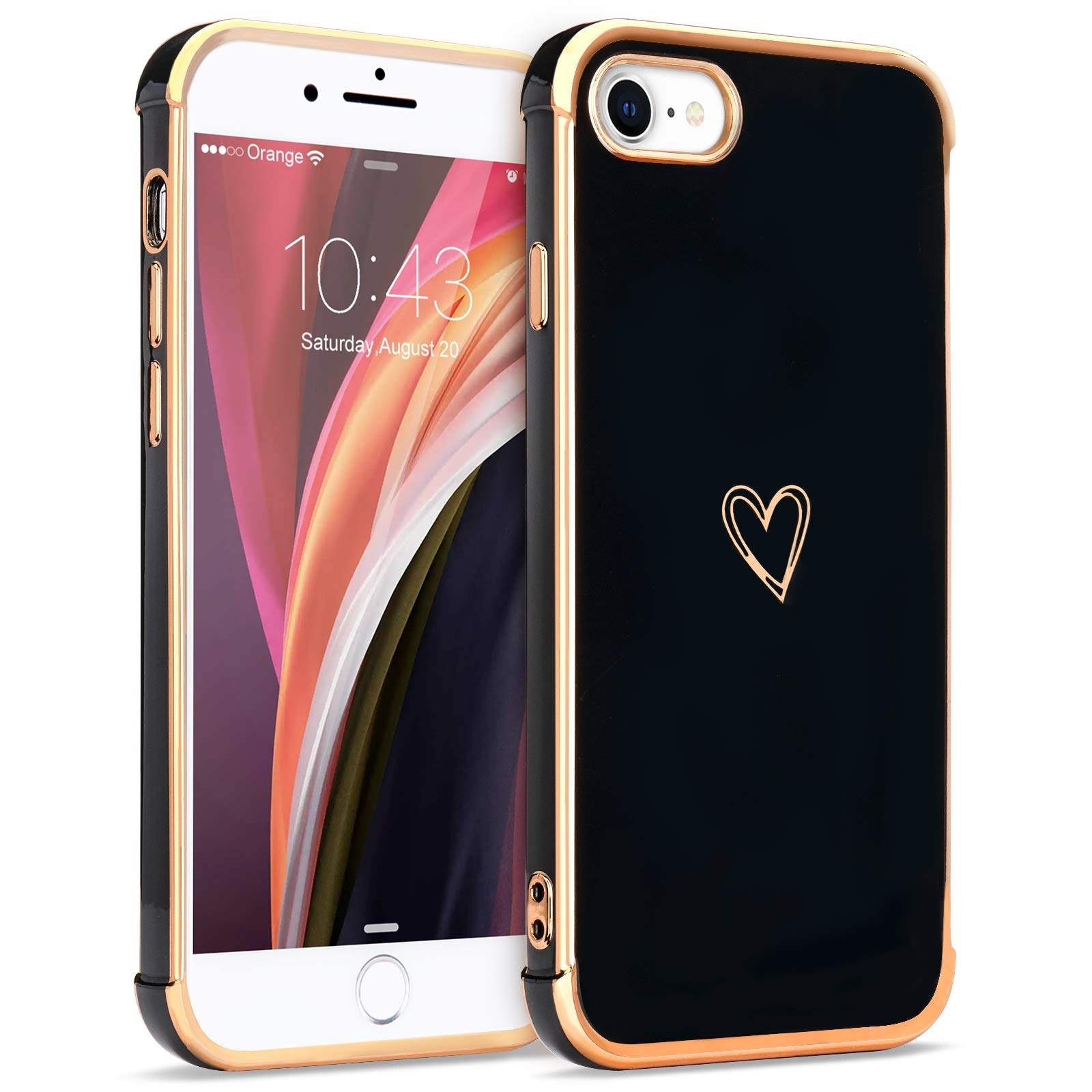 LLZ.COQUE Cute Heart Electroplated Soft TPU Phone Case for iPhone 7/8/SE (2020/2022) - Protective Cover with Full Camera Protection - Perfect for Women & Girls (Black) - Ideal for Everyday Use, Work & School