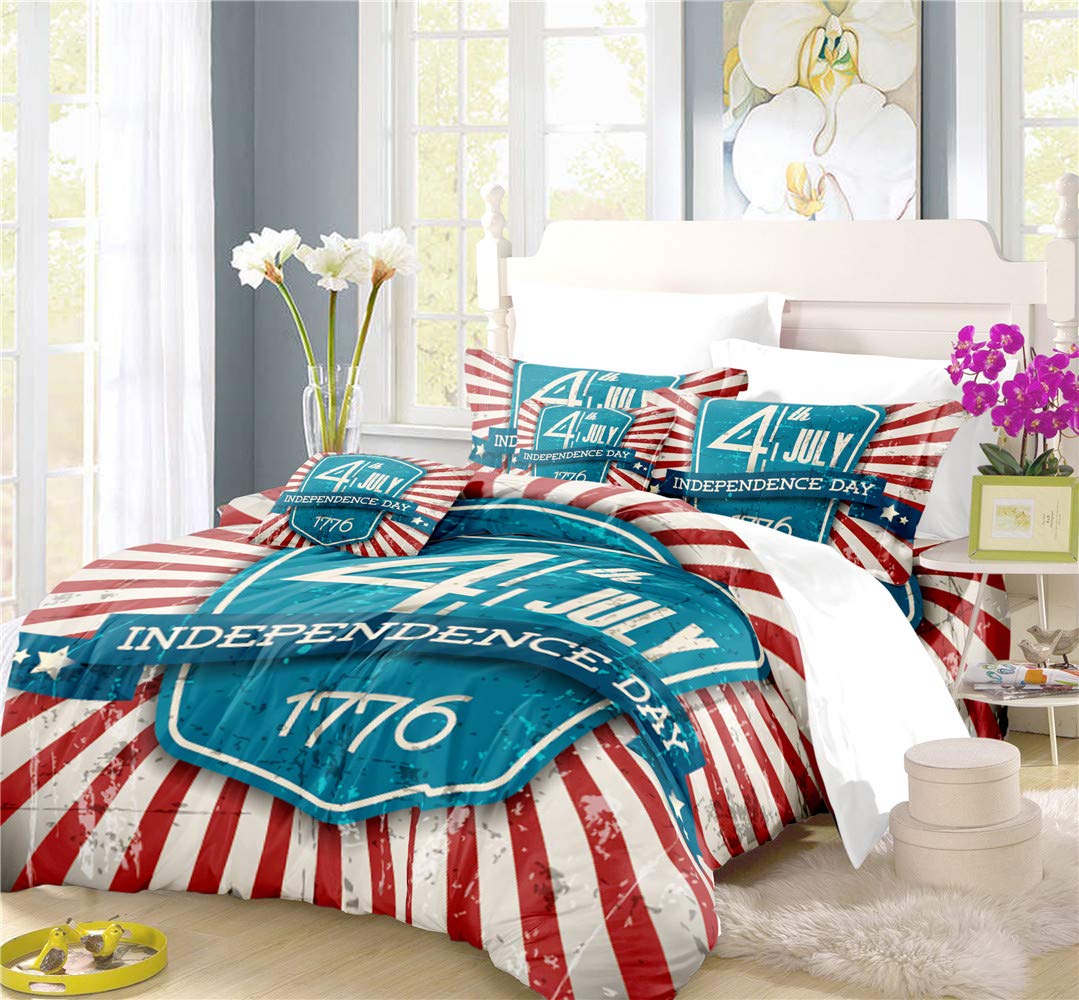 REALIN Stars and Stripes Duvet Cover Set - Vintage American Flag Bedding in Red, White & Blue - 2/3/4PC Quilt Cover with Sheets & Pillow Shams - Twin/Full/Queen/King Size (Queen-228x228cm-4PCS) - Perfect for Patriotic Home Decor, 4th of July, Memorial Day & Veterans Day Celebrations - Ideal for Americana Themed Bedrooms, Guest Rooms & Cozy Cabin Retreats