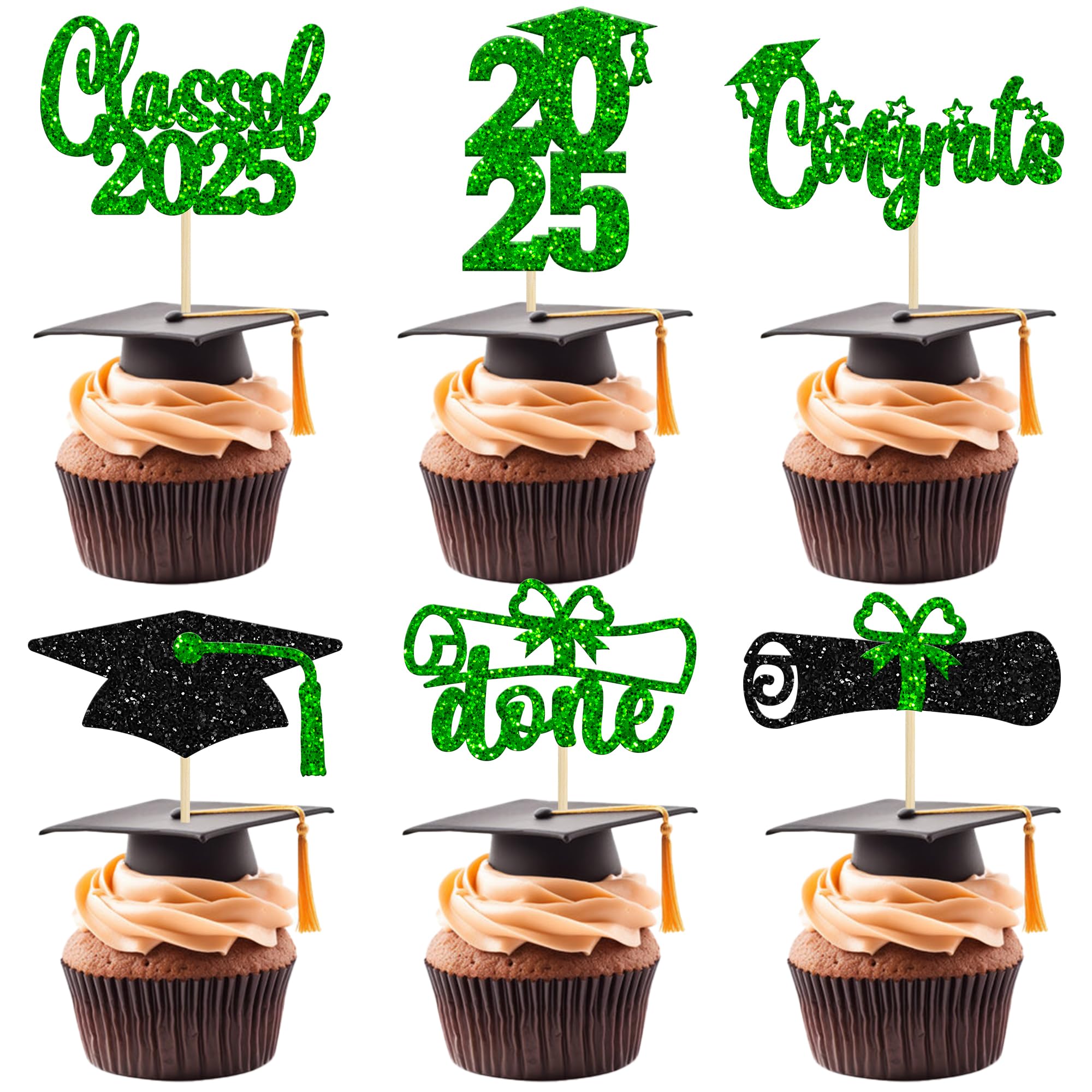 24 Pack Class of 2025 Graduation Cupcake Toppers - Glitter Congrats Grad Cap & Diploma Cake Decorations - Green Graduation Party Supplies for 2025 Theme Celebrations, School Parties & Commencement Cakes