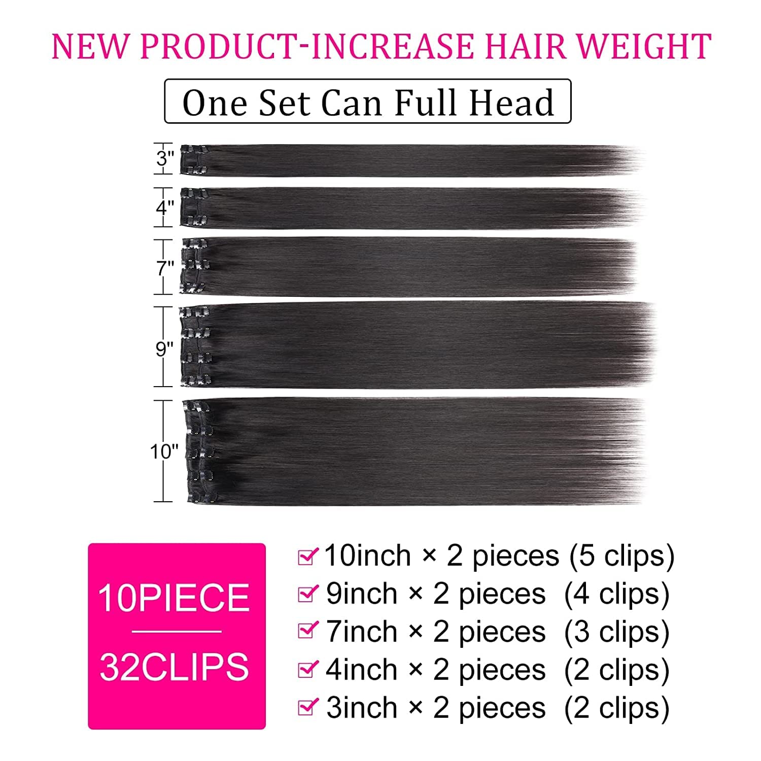 14 Inch Brazilian Straight Human Hair Clip In Extensions for Black Women - 180g Soft & Thick Ends, Natural Color, 10Pcs/Set with 32 Clips - Perfect for Daily Styling, Parties & Special Occasions