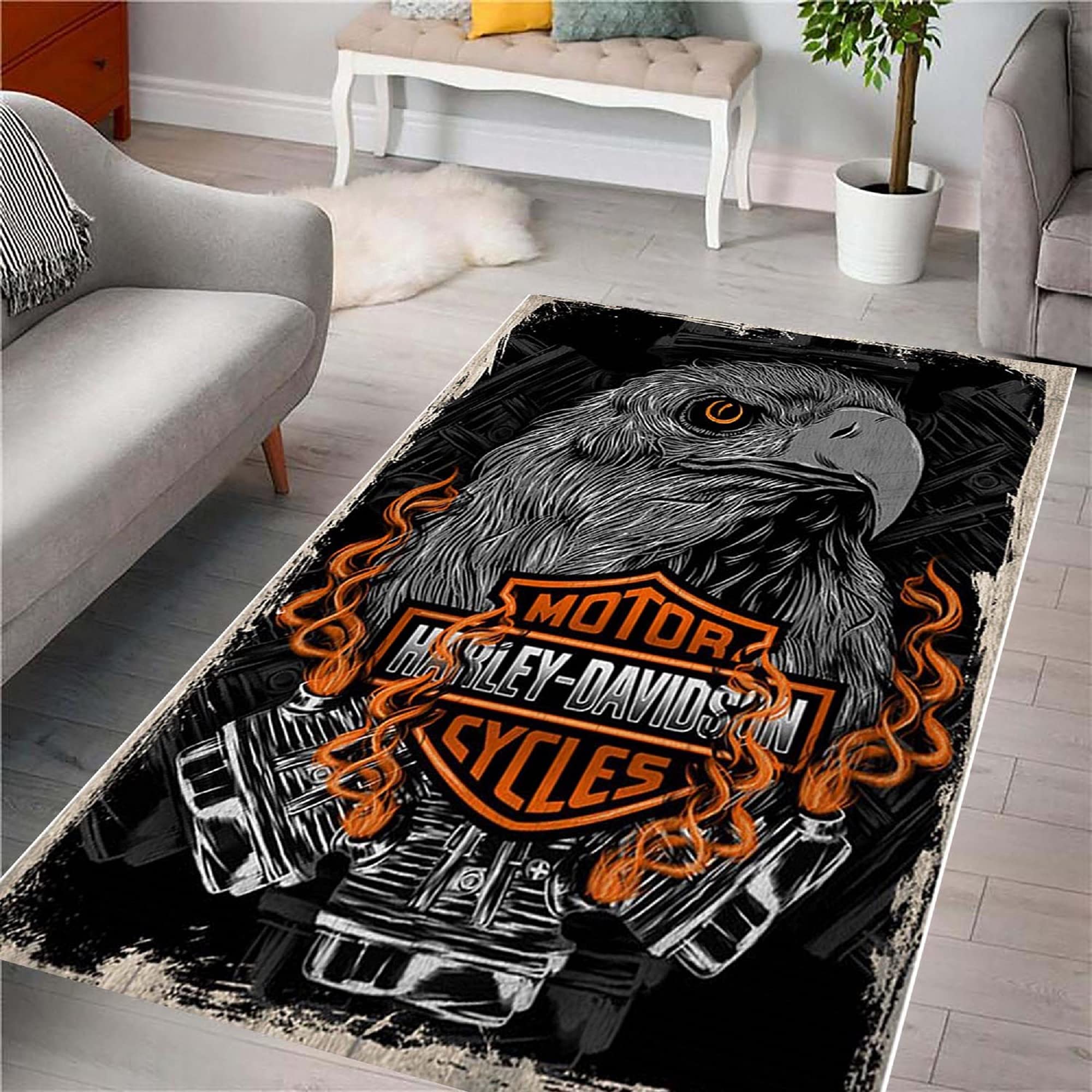 Harley Davidson Themed Rug – 70”x110” (180x280cm) Modern Area Rug for Living Room, Bedroom & Home Decor | Durable Carpet for Biker Gifts & Man Cave Accessories