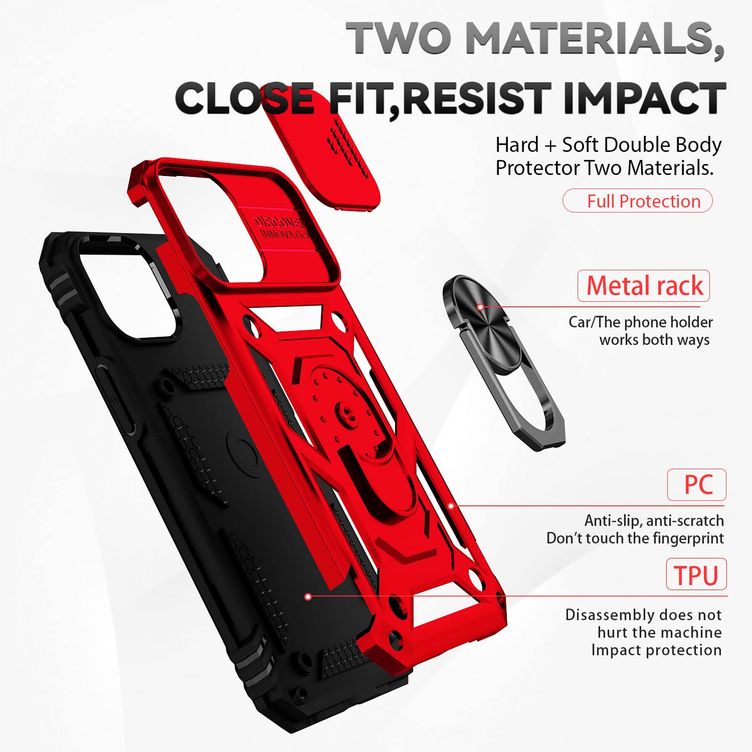 Hitaoyou iPhone 13 Case with Camera Cover & Kickstand - Military Grade Shockproof Heavy Duty Protective Magnetic Phone Cover for iPhone 13 (Red) - Perfect for Outdoor Activities, Travel & Daily Protection