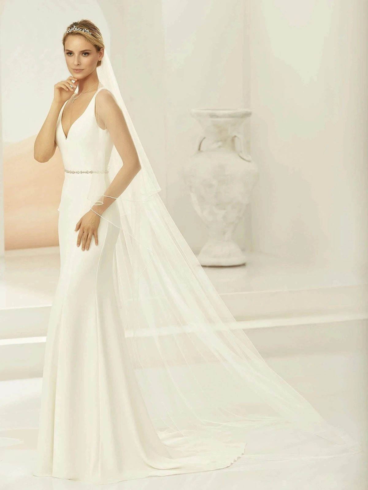 Chapel Length Two Tier Wedding Veil with Glass Bead Edge - Soft Ivory Tulle Bridal Accessory (S396) | Perfect for Traditional Church Weddings & Romantic Photoshoots
