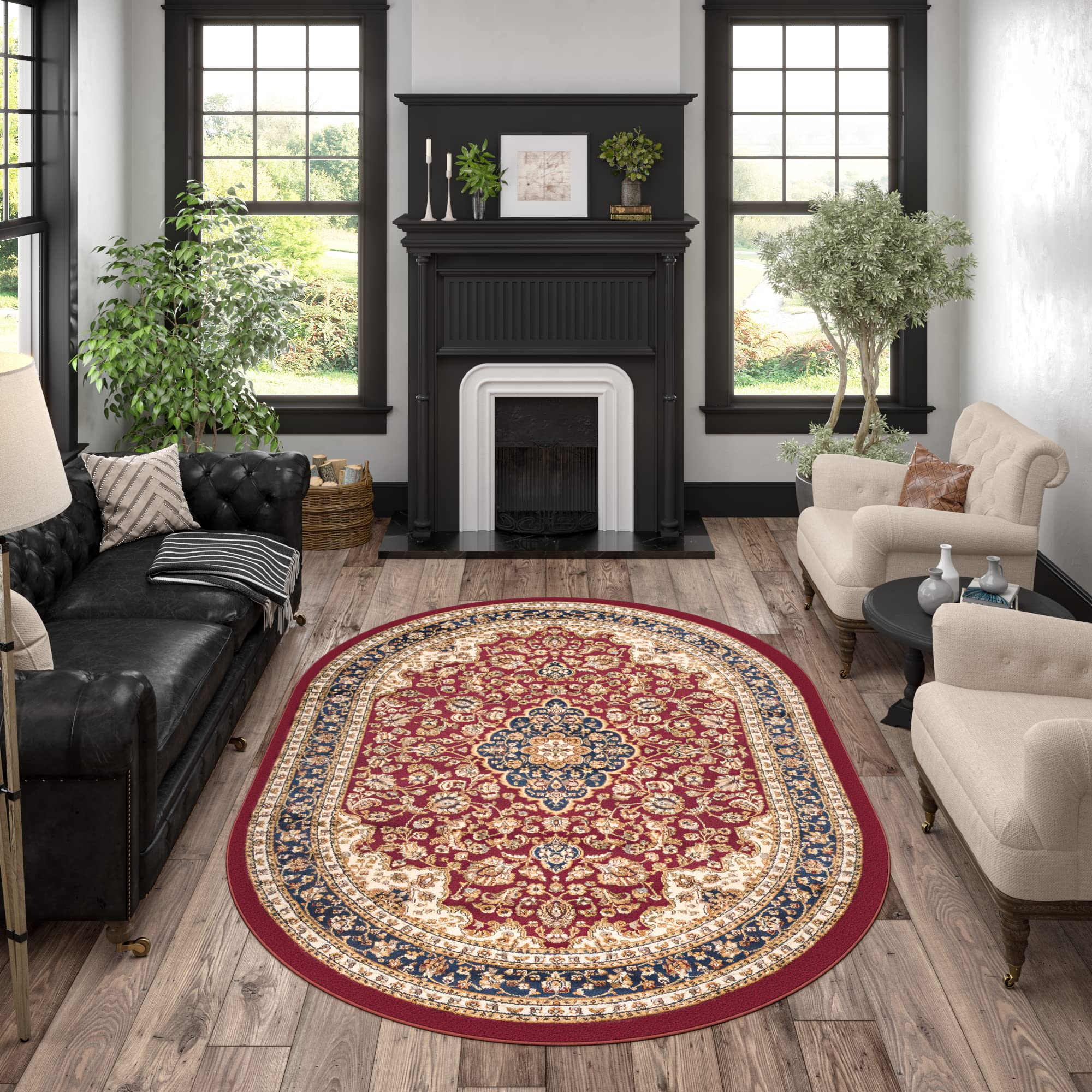 Kirsten Red Oval 5x7 Area Rug - Soft Traditional Carpet for Living Room, Bedroom, Dining Room & Kitchen - Non-Slip Indoor Entryway Rug - Perfect for Home Decor & Cozy Spaces - Alfombras para Salas