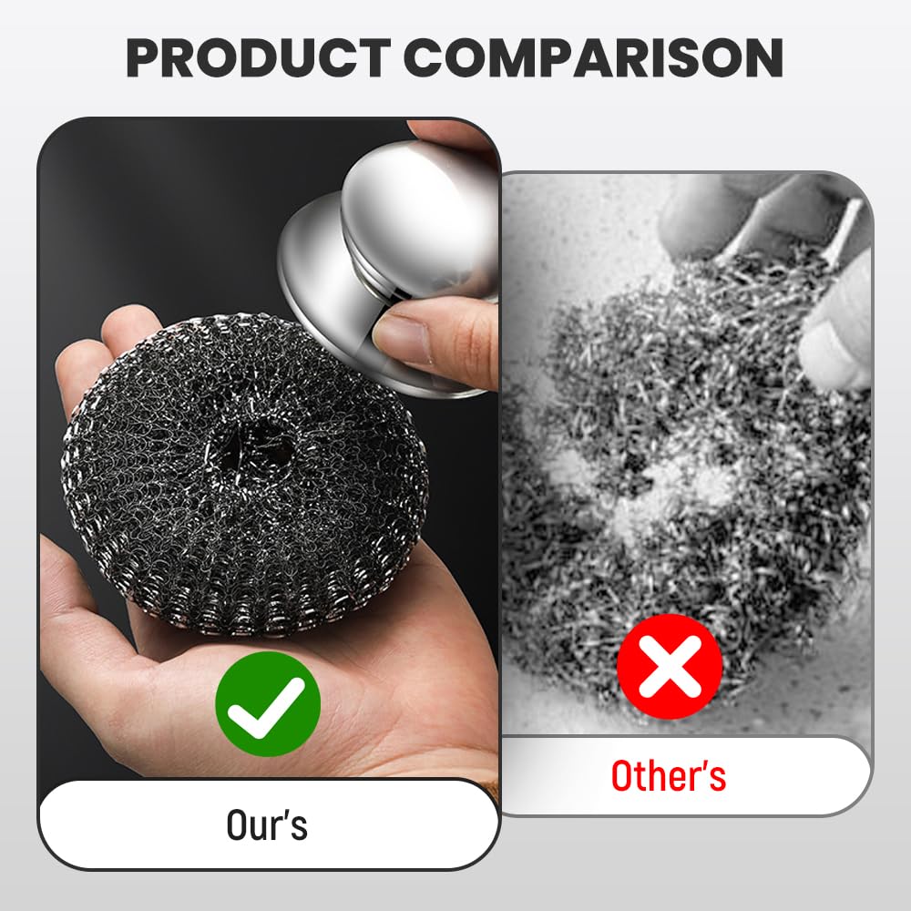 2024 Upgraded Stainless Steel Wool Scrubber with Handle - 4 Pack Detachable Metal Scrub Pads for Pots, Pans, Stoves, Grills & Dishes - Heavy Duty Cleaning Brush for Kitchen, BBQ & Outdoor Cooking