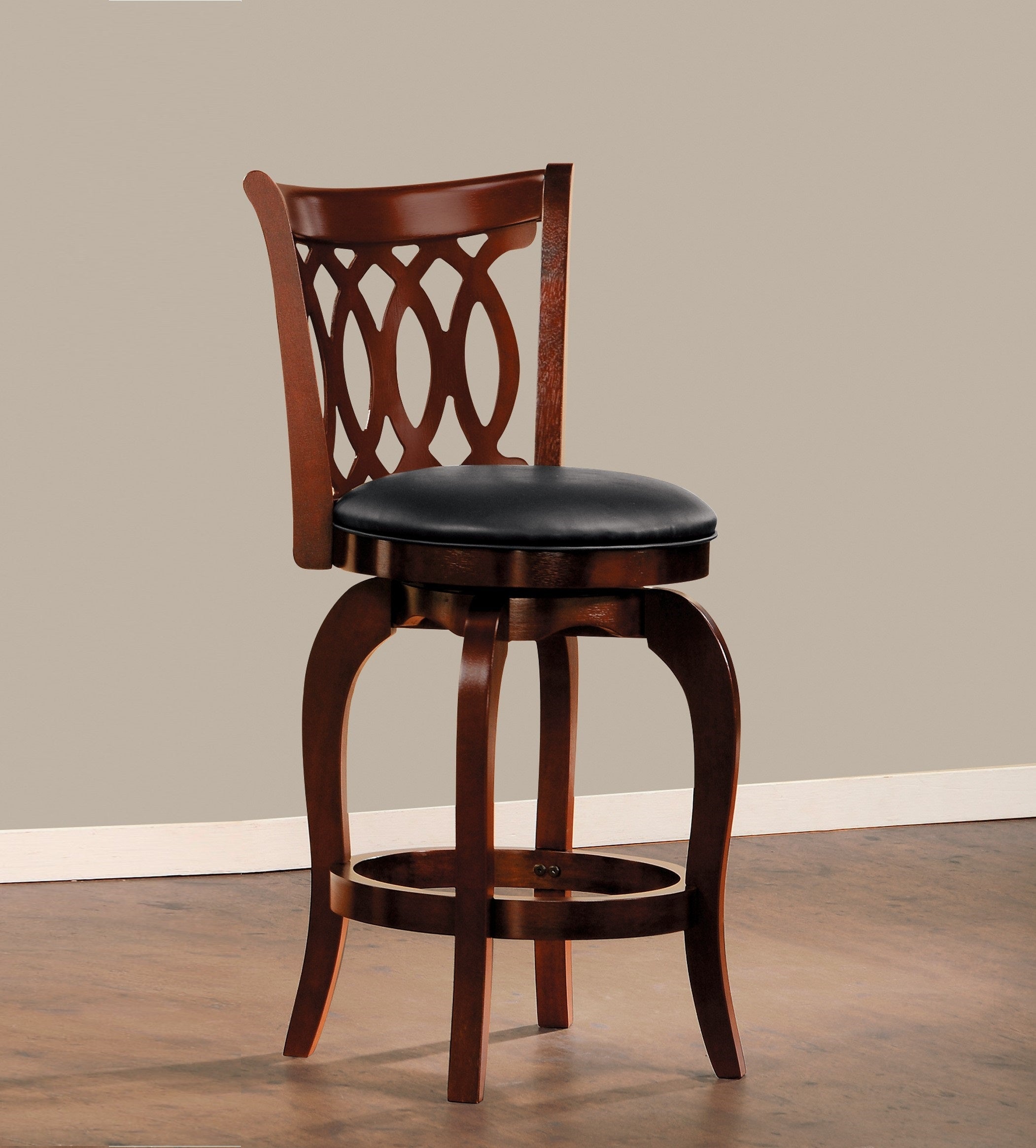 Dark Cherry Faux Leather Swivel Bar Stool - Solid Wood Counter Height Chair with Comfortable Back Design - Perfect for Kitchen Islands, Home Bars & Dining Rooms