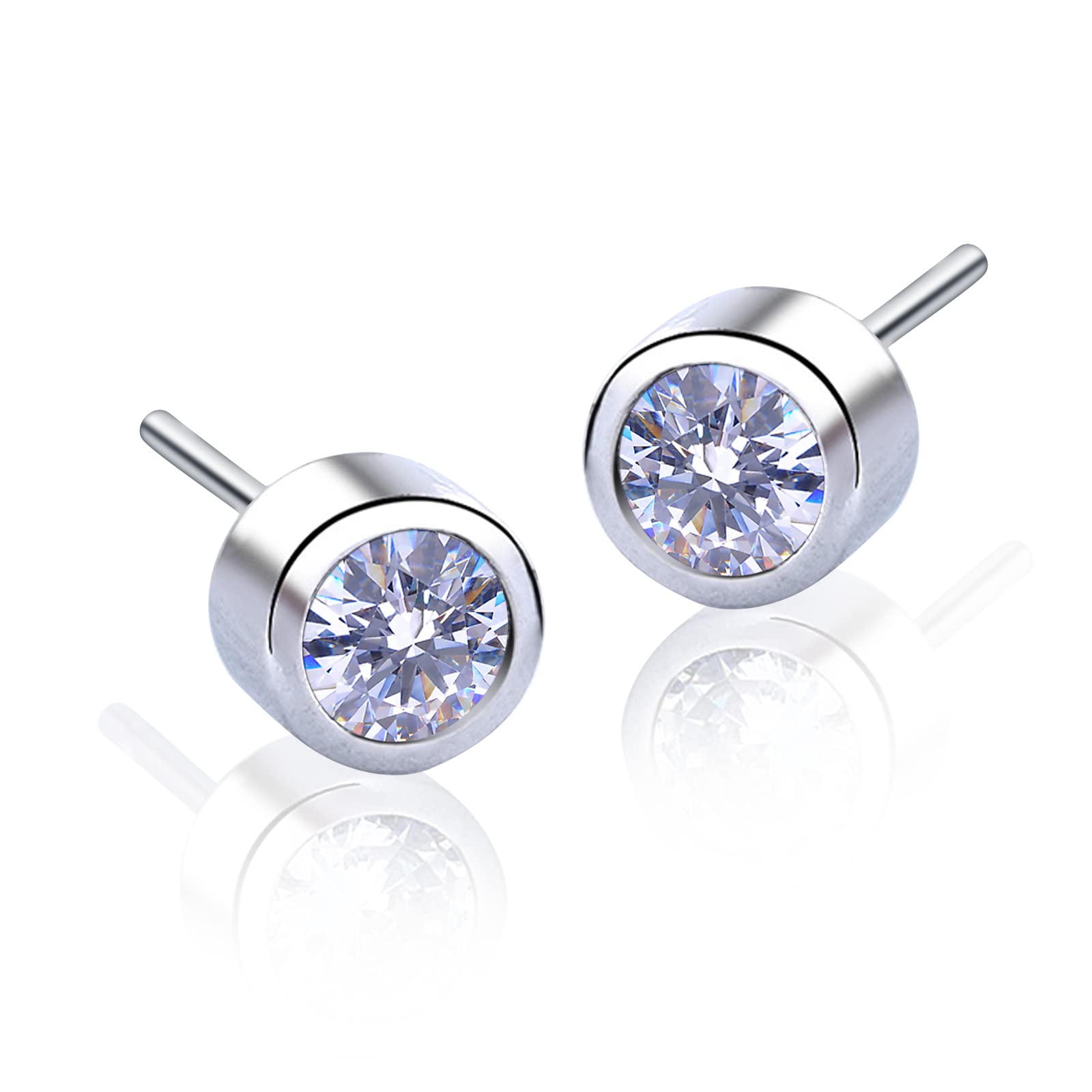 Round Stud Earrings for Women - S925 Sterling Silver Minimalist Birthstone Zirconia Earrings | Hypoallergenic Dainty Jewelry for Sensitive Ears | Perfect for Everyday Wear, Gifts & Special Occasions
