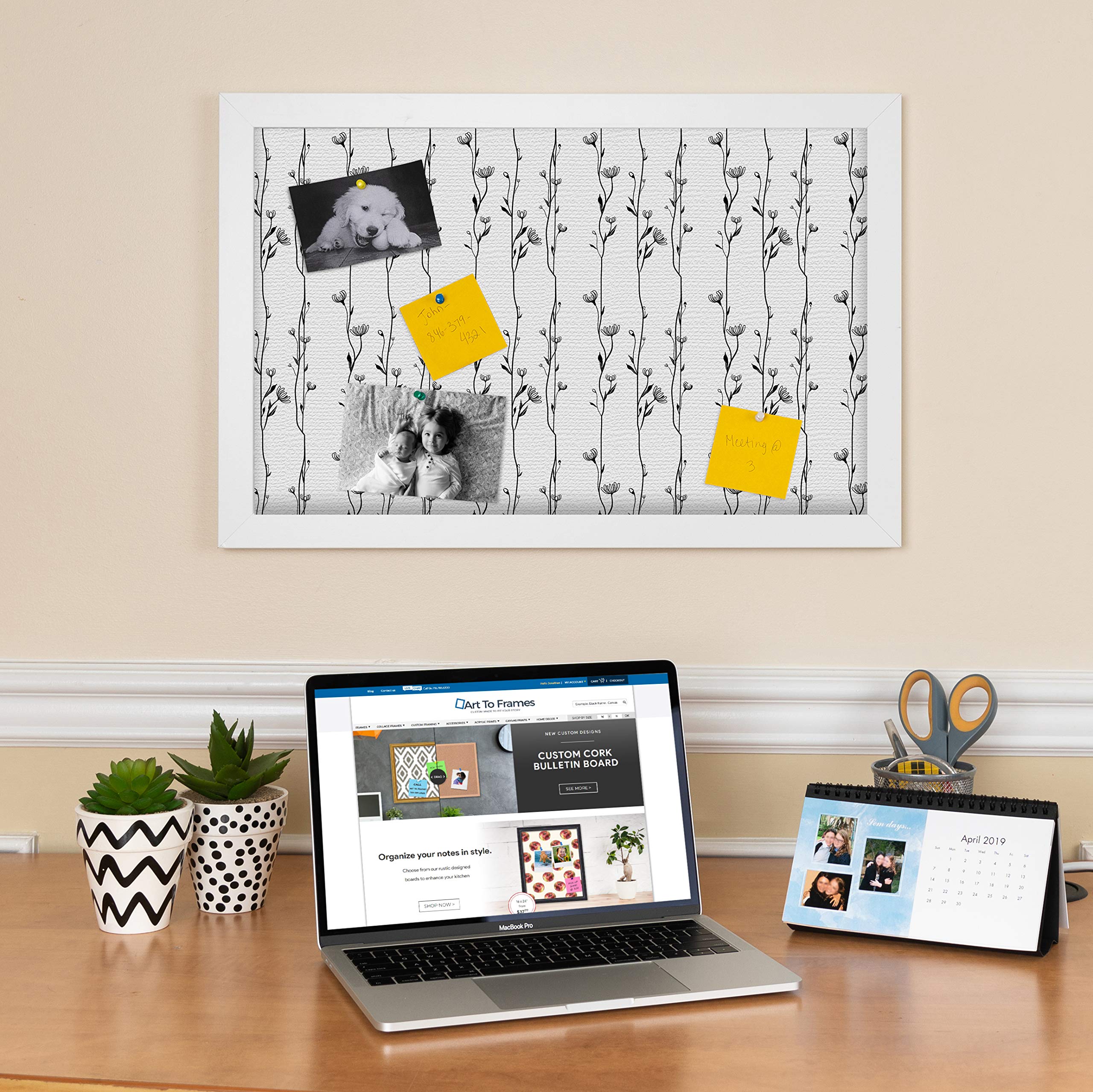 ArtToFrames 36x24 Inch Custom Cork Bulletin Board with Floral Black Flower Vines Design - 2x3 Feet Fabric Canvas Finish Framed in Satin White - Perfect for Home Office, Dorm Room, or Classroom Organization (PinPix-208-36x24_FRBW26074)