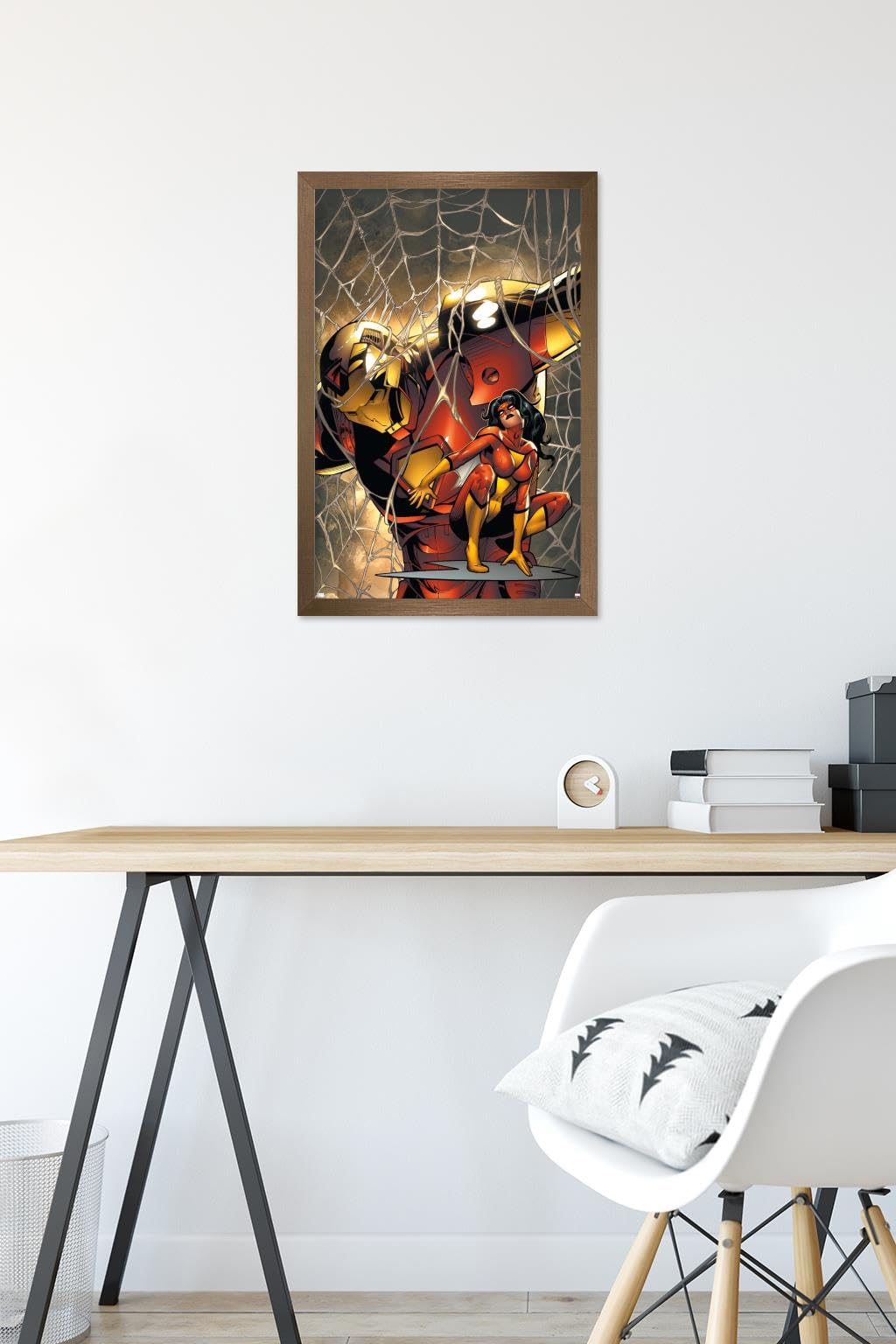 Trends International Marvel Comics Spider Woman & Iron Man #10 Wall Poster - 22.4x14.7 Inches Bronze Framed Art Print | Superhero Room Decor, Comic Book Collector Gift, Home Theater Display