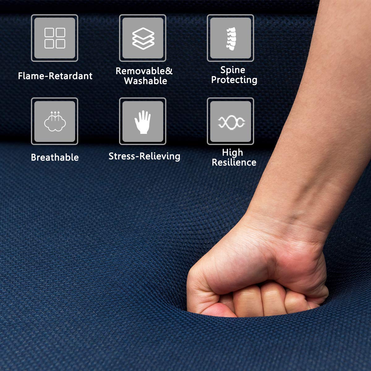 KOMFOTT 4-Inch Tri-Folding Memory Foam Mattress Queen Size - Removable Washable Cover, Foldable Guest Bed for Sofa, Travel & Camping - Navy Blue