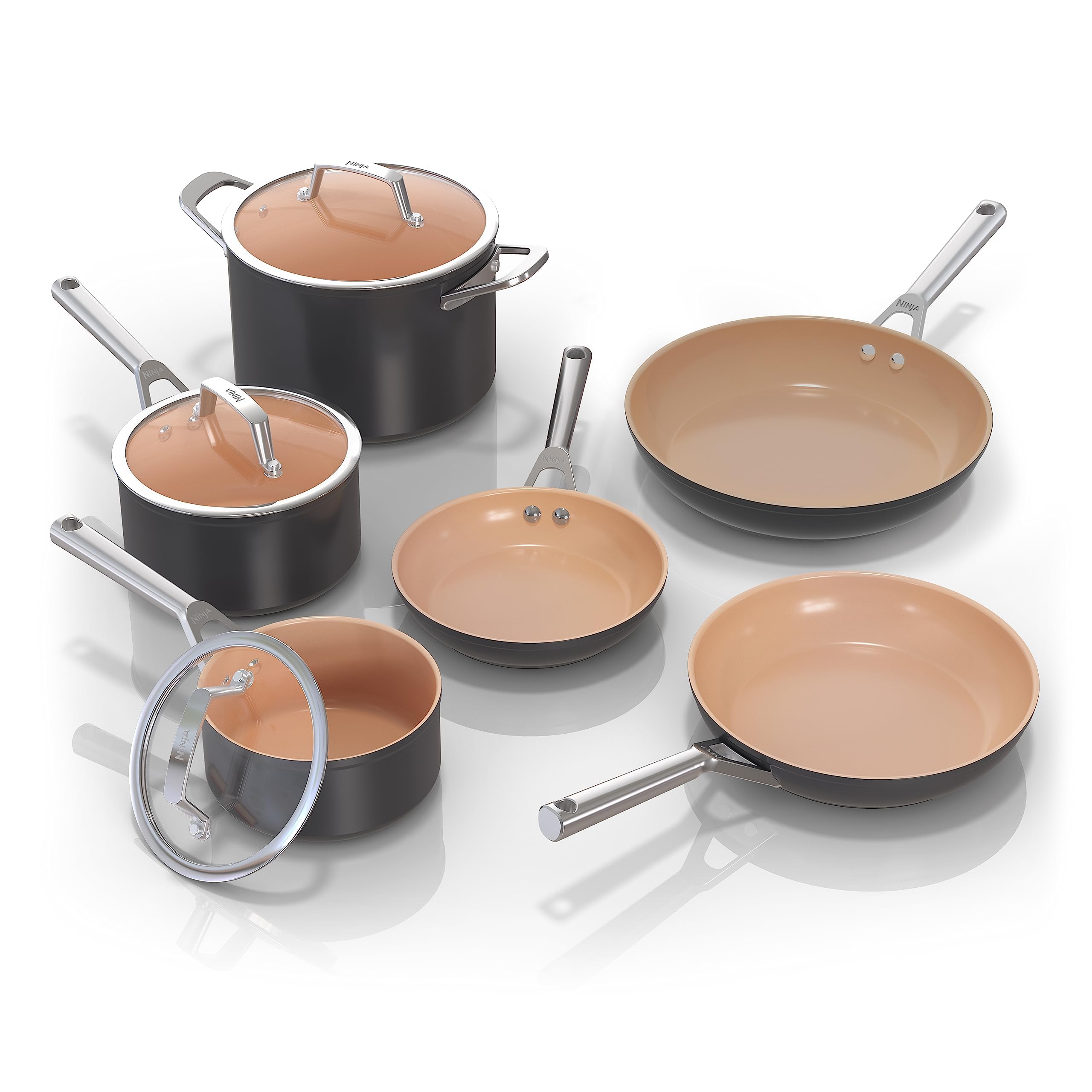 Ninja Pots and Pans Set - 9-Piece Nonstick Ceramic Cookware Set | PTFE & PFOA Free | Oven Safe to 550°F | Induction Compatible | 3 Frying Pans & 3 Cooking Pots | Extended Durability | Perfect for Home Cooking, Meal Prep & Professional Chefs | CW99009