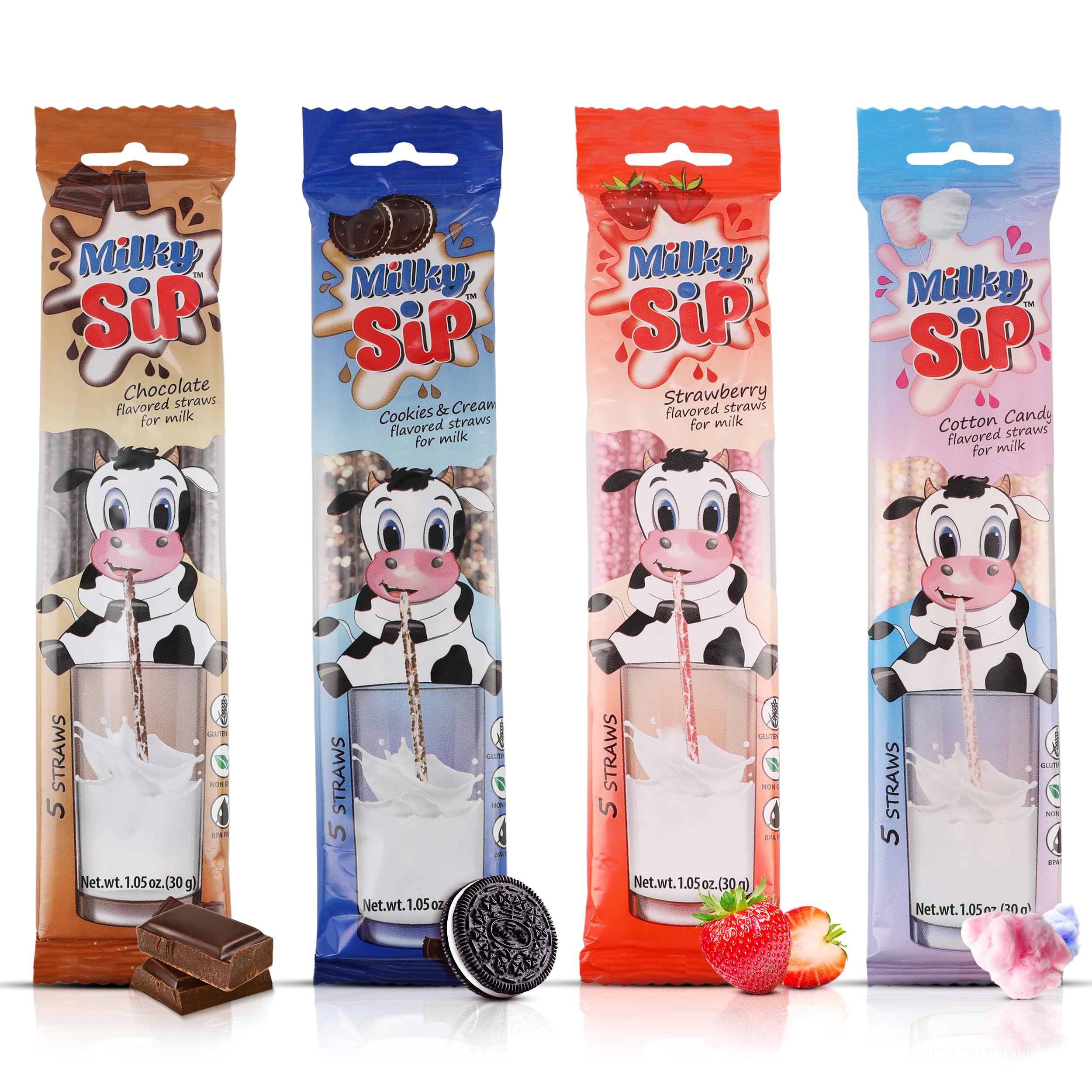 Magical Milk Straws - 4 Pack Bundle of Flavored Straws for Milk, Chocolate, Strawberry, Cotton Candy, Cookies & Cream | 20 Fun Flavoring Straws for Kids | Makes Drinking Milk Enjoyable for Children | Perfect for School Lunches, Birthday Parties & Family Breakfasts