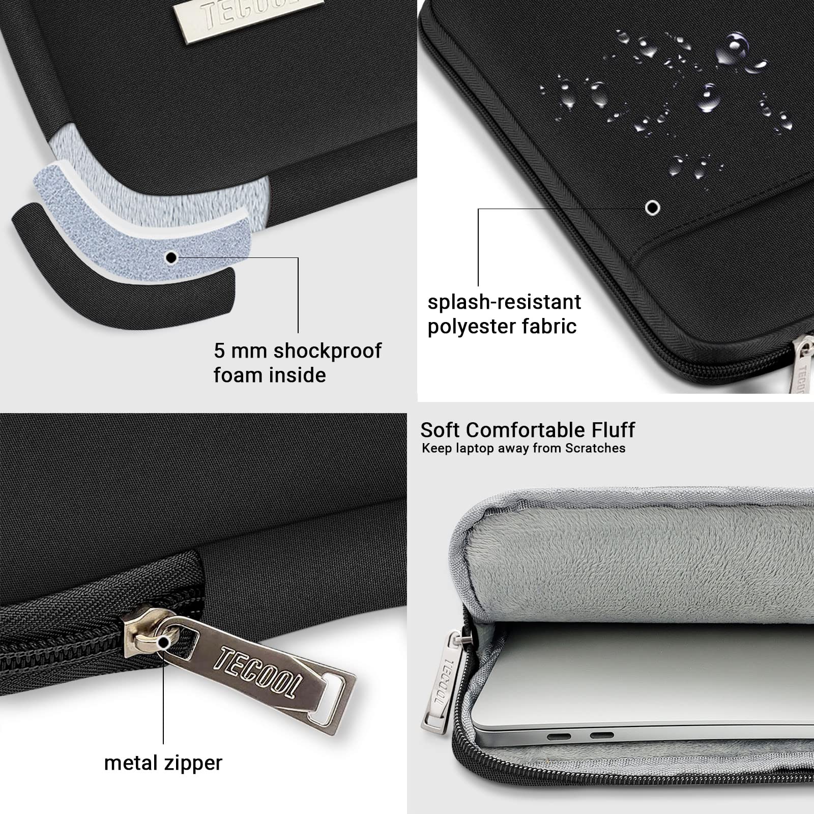 TECOOL 13.3 Inch Laptop Sleeve Case for MacBook Air 13/13.6 (M1 M2 M3 2020-2024) & MacBook Pro 13/14 (M1 M2 M3 M4 2012-2024) - Lightweight Protective Notebook Bag with Soft Lining - Perfect for Work, Travel and School (Black)