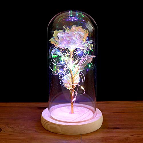 LED Rose Lamp with Glass Dome & Wooden Base - Artificial Dried Flower Home Decor, Valentine's Gift, Christmas Decoration (Color Changing) - Perfect for Romantic Bedroom, Wedding Centerpiece & Holiday Table Decor