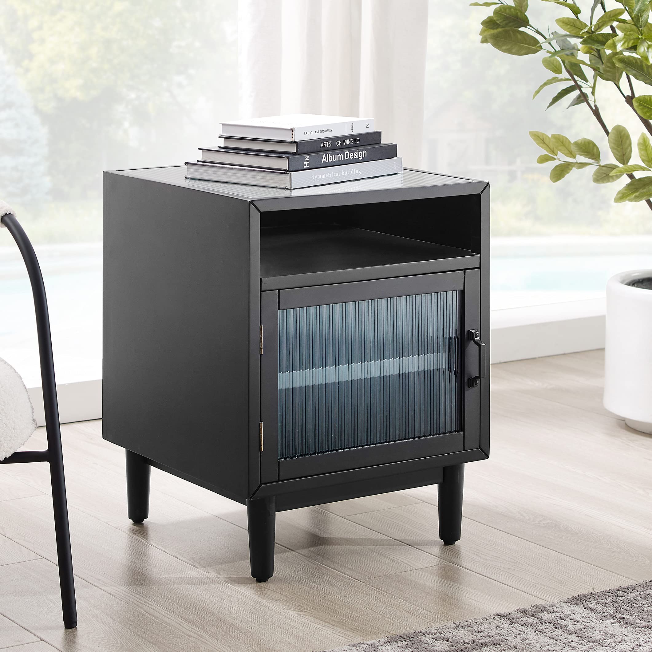 Mid Century Modern Nightstand with Glass Top & Storage Drawer - Wooden Bedside Table with Door & Shelf for Bedroom - Perfect for Small Spaces & Apartment Living