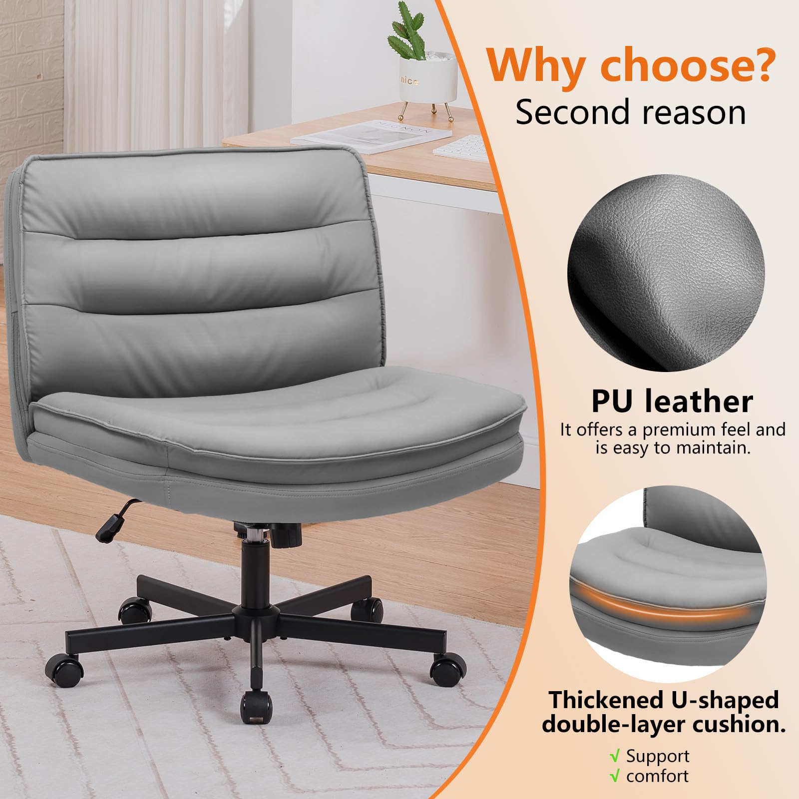 Criss Cross Legged Office Chair with Wheels - Armless Swivel Desk Chair, Wide Seat & Height Adjustable for Home Office, Computer Task, Vanity - Perfect for Cross-Legged Sitting, Work from Home & Gaming