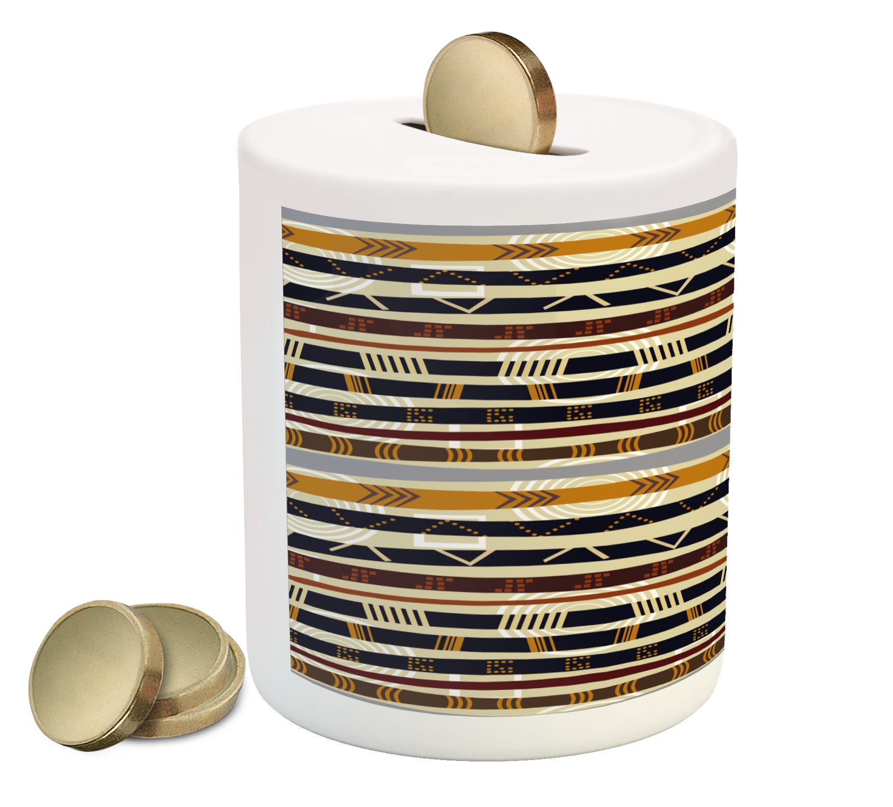 Ambesonne Ceramic Piggy Bank - Abstract Geometric Striped Design in Earth Tones for Cash Saving | 3.6
