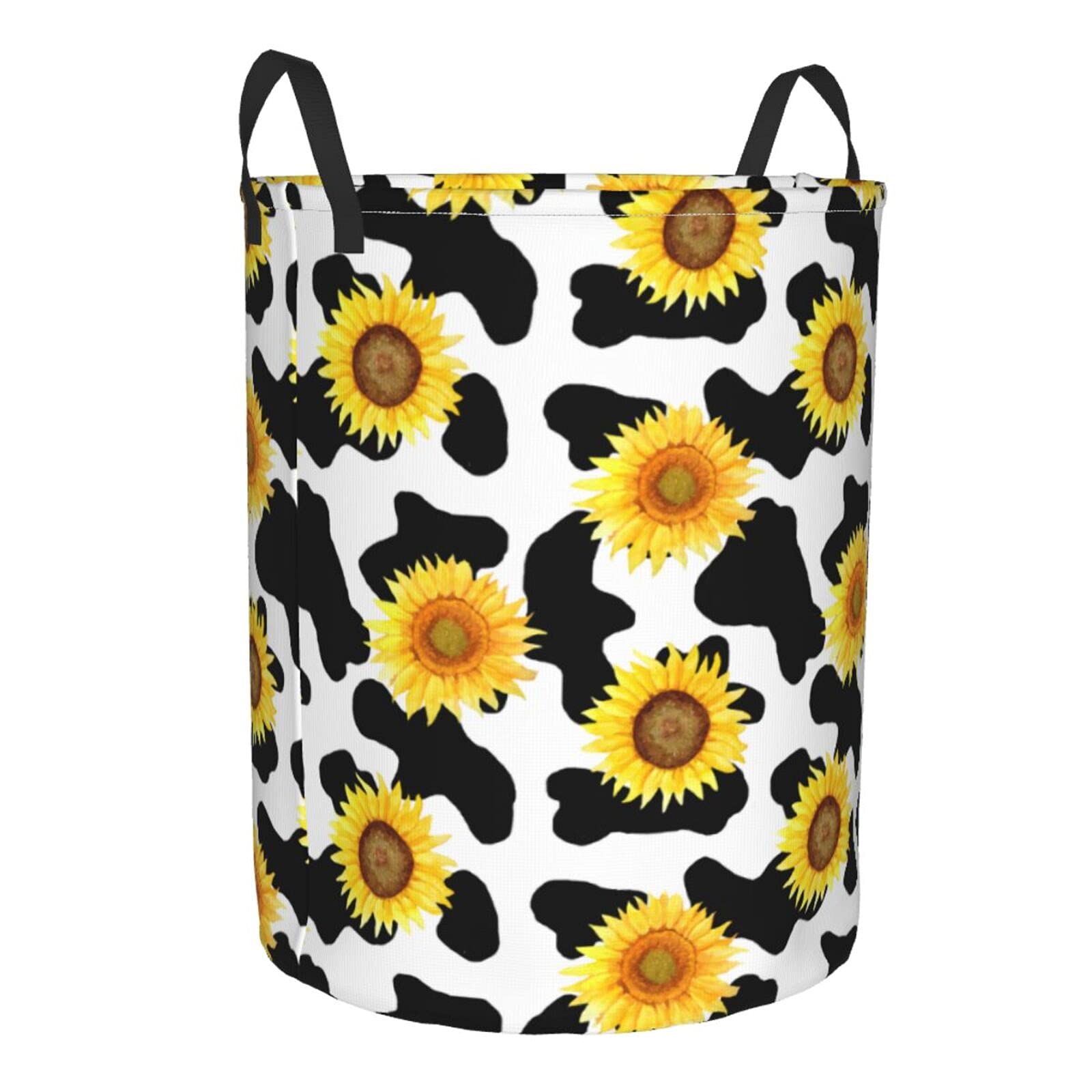 Sunflower Cow Print Collapsible Laundry Basket with Handles - Waterproof Fabric Hamper Organizer for Clothes, Toys & Bathroom Storage - Perfect for Laundry Room, Dorm & Nursery Organization